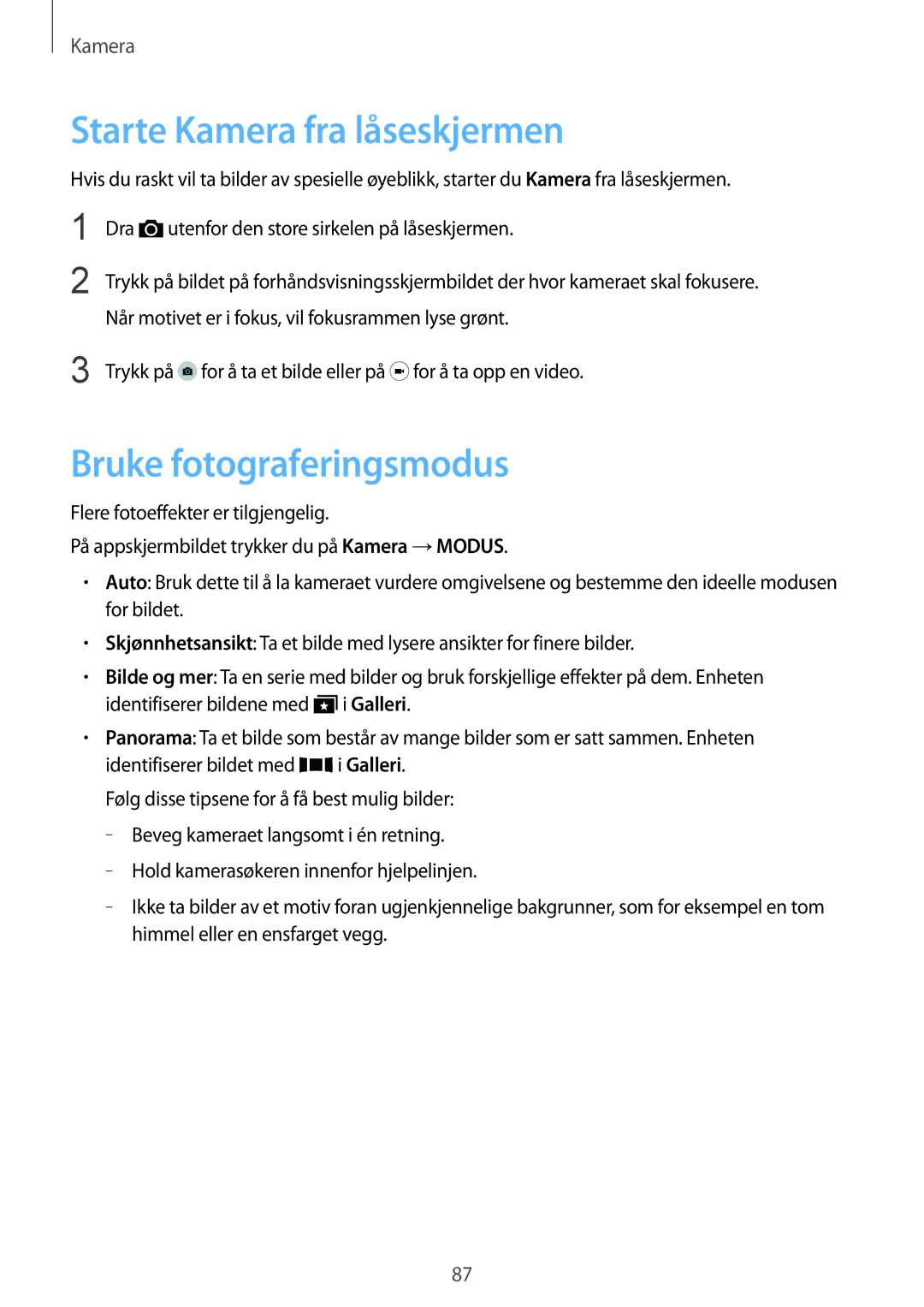 Samsung SM-G900FZWANEE, SM-G900FZKAVDS, SM-G900FZDANEE manual Starte Kamera fra låseskjermen, Bruke fotograferingsmodus 