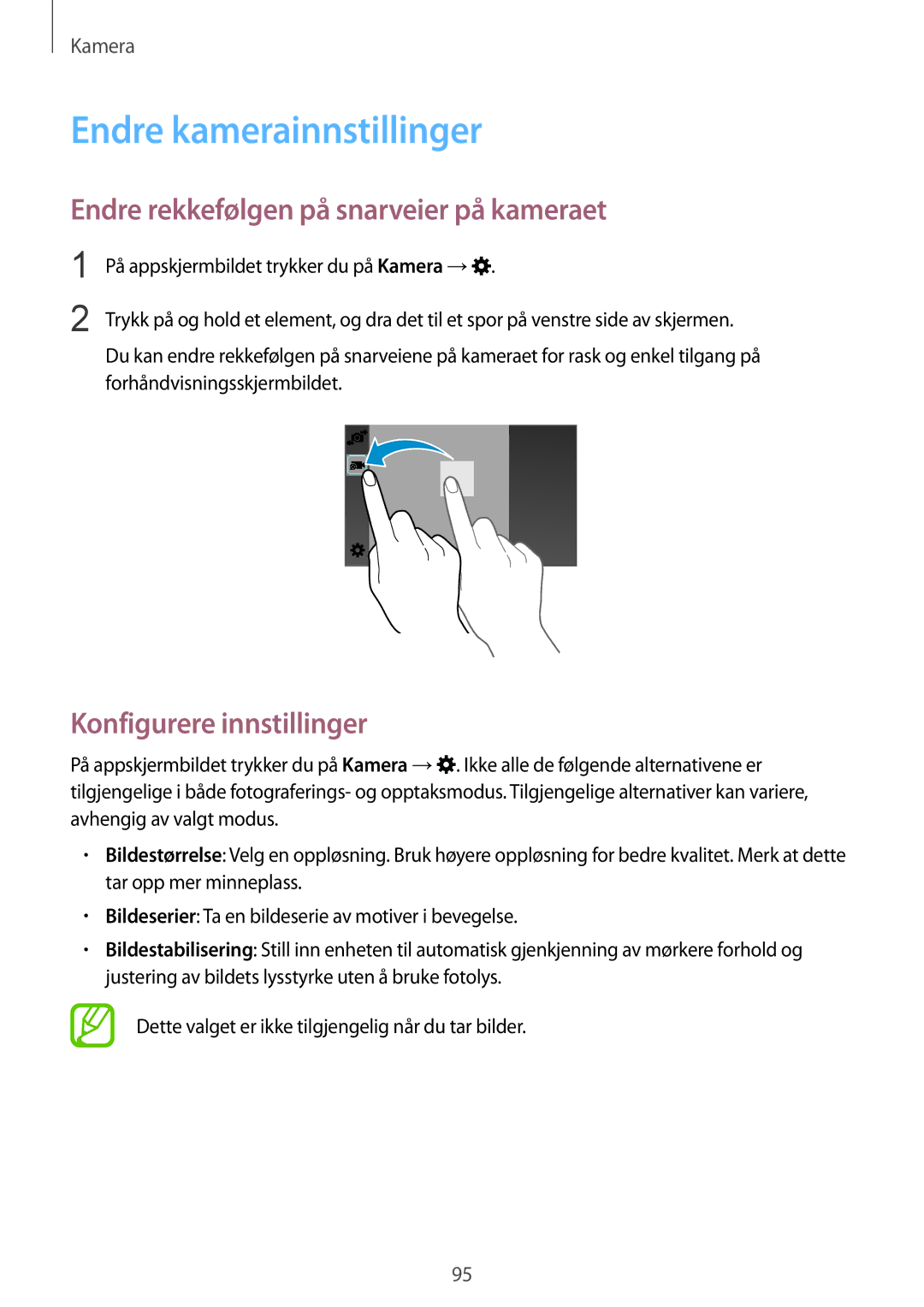 Samsung SM-G900FZWENEE Endre kamerainnstillinger, Endre rekkefølgen på snarveier på kameraet, Konfigurere innstillinger 