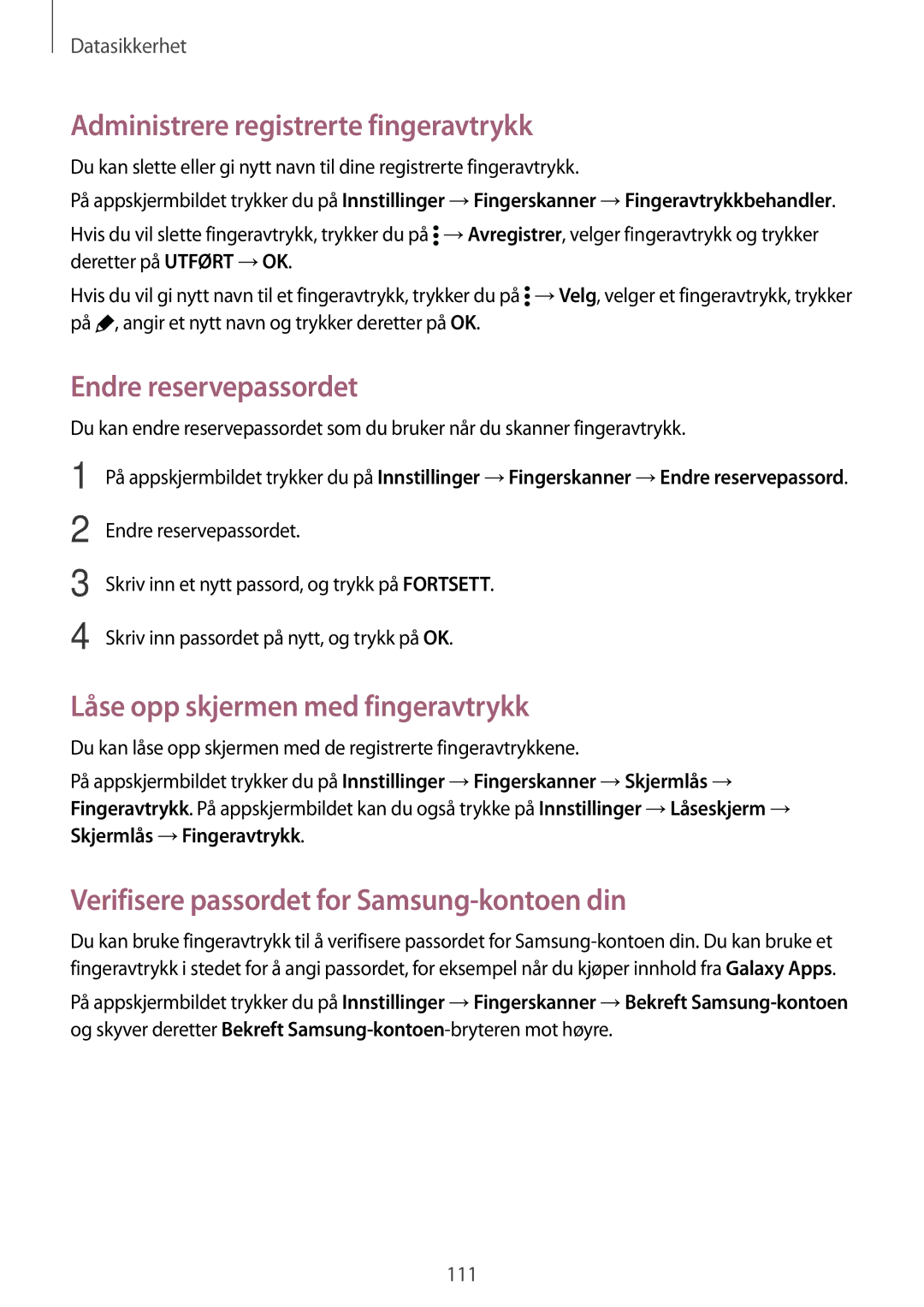 Samsung SM-G900FZWAHTS Administrere registrerte fingeravtrykk, Endre reservepassordet, Låse opp skjermen med fingeravtrykk 