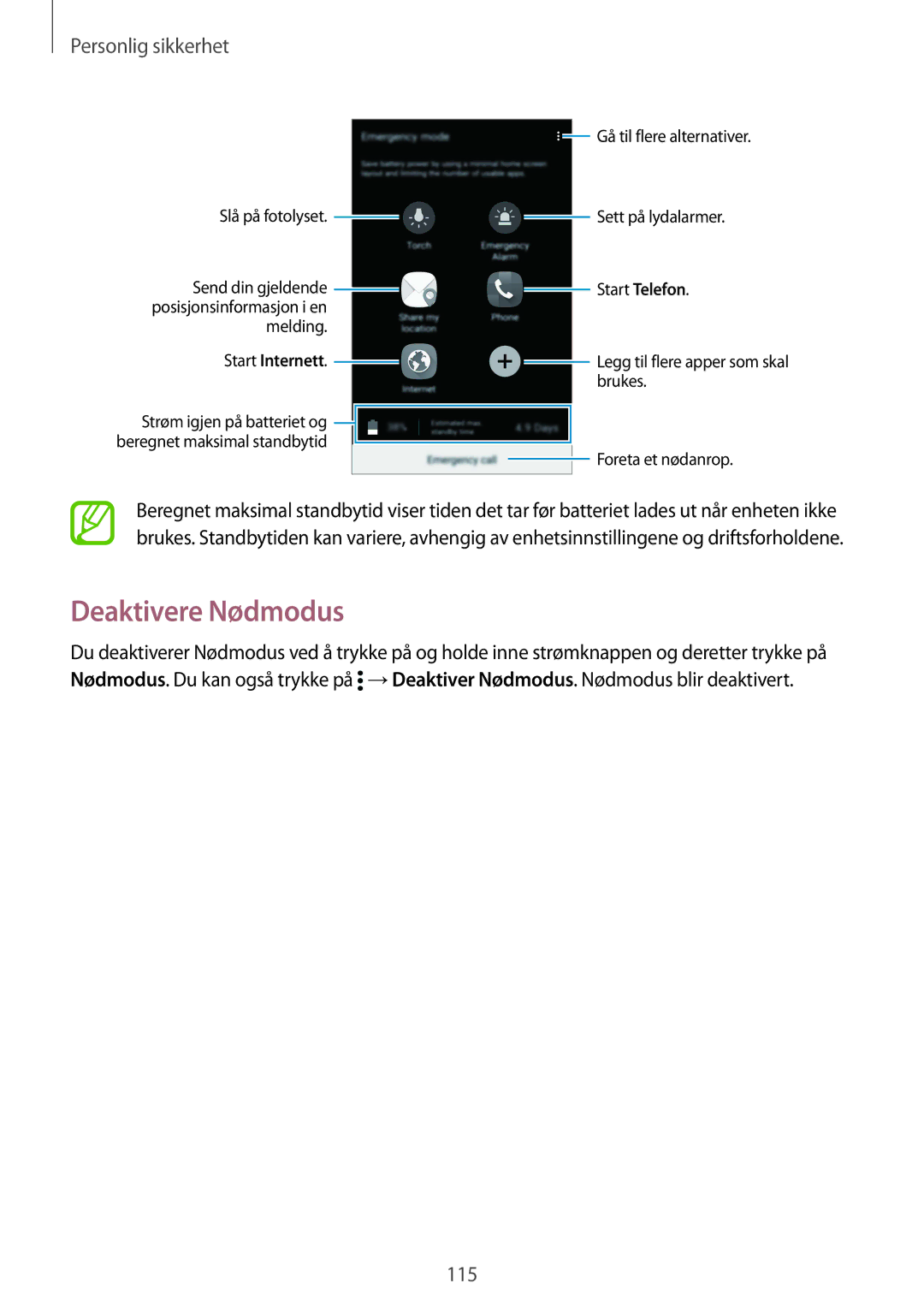 Samsung SM-G900FZBANEE, SM-G900FZKAVDS, SM-G900FZDANEE, SM-G900FZWANEE manual Deaktivere Nødmodus, Personlig sikkerhet 