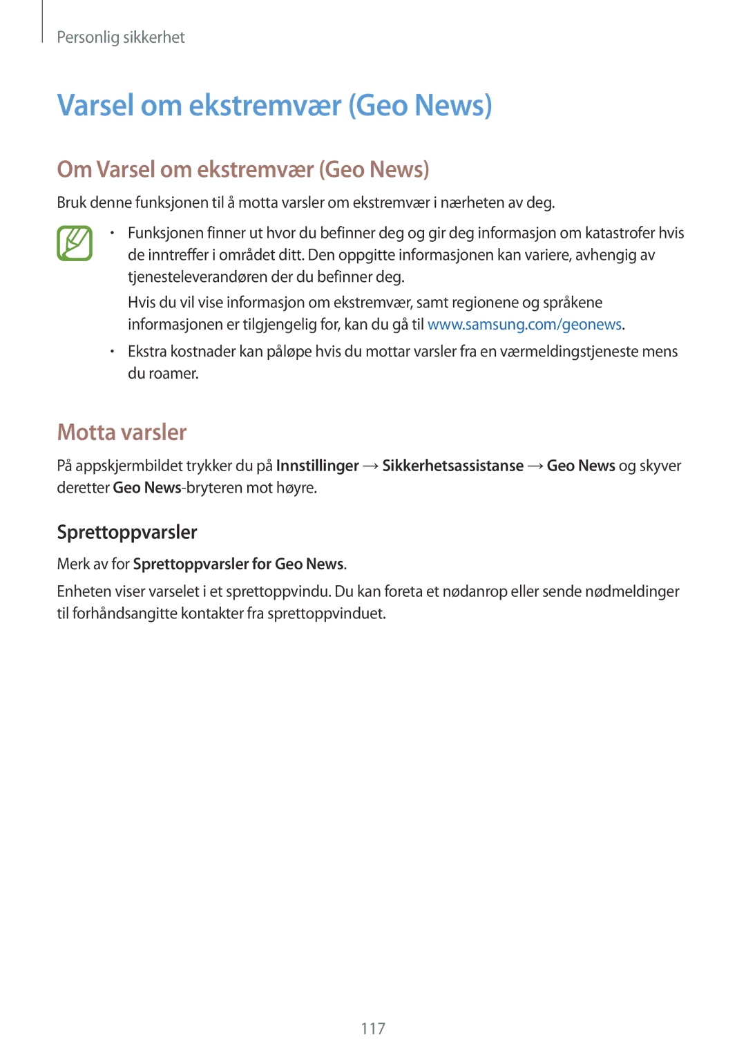 Samsung SM-G900FZDATEN, SM-G900FZKAVDS manual Om Varsel om ekstremvær Geo News, Motta varsler, Sprettoppvarsler 