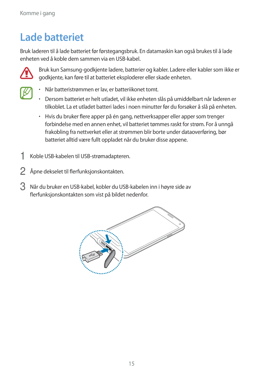 Samsung SM-G900FZDATEN, SM-G900FZKAVDS, SM-G900FZDANEE Lade batteriet, Når batteristrømmen er lav, er batteriikonet tomt 