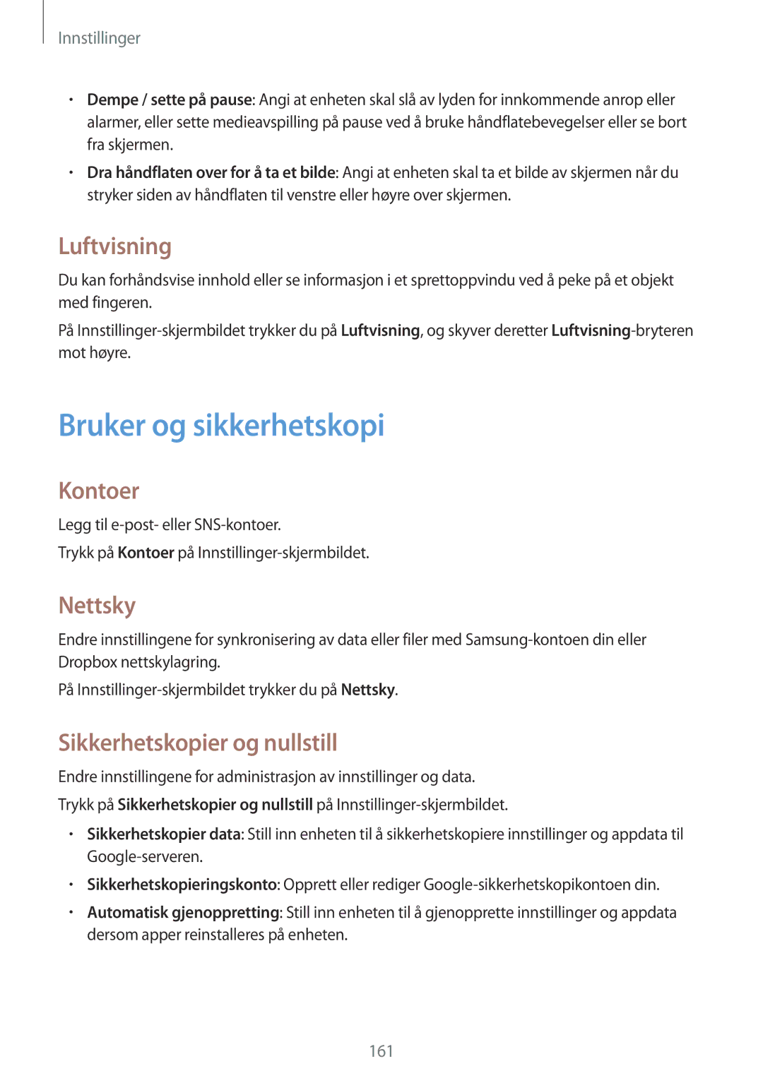 Samsung SM-G900FZWAVDS manual Bruker og sikkerhetskopi, Luftvisning, Kontoer, Nettsky, Sikkerhetskopier og nullstill 