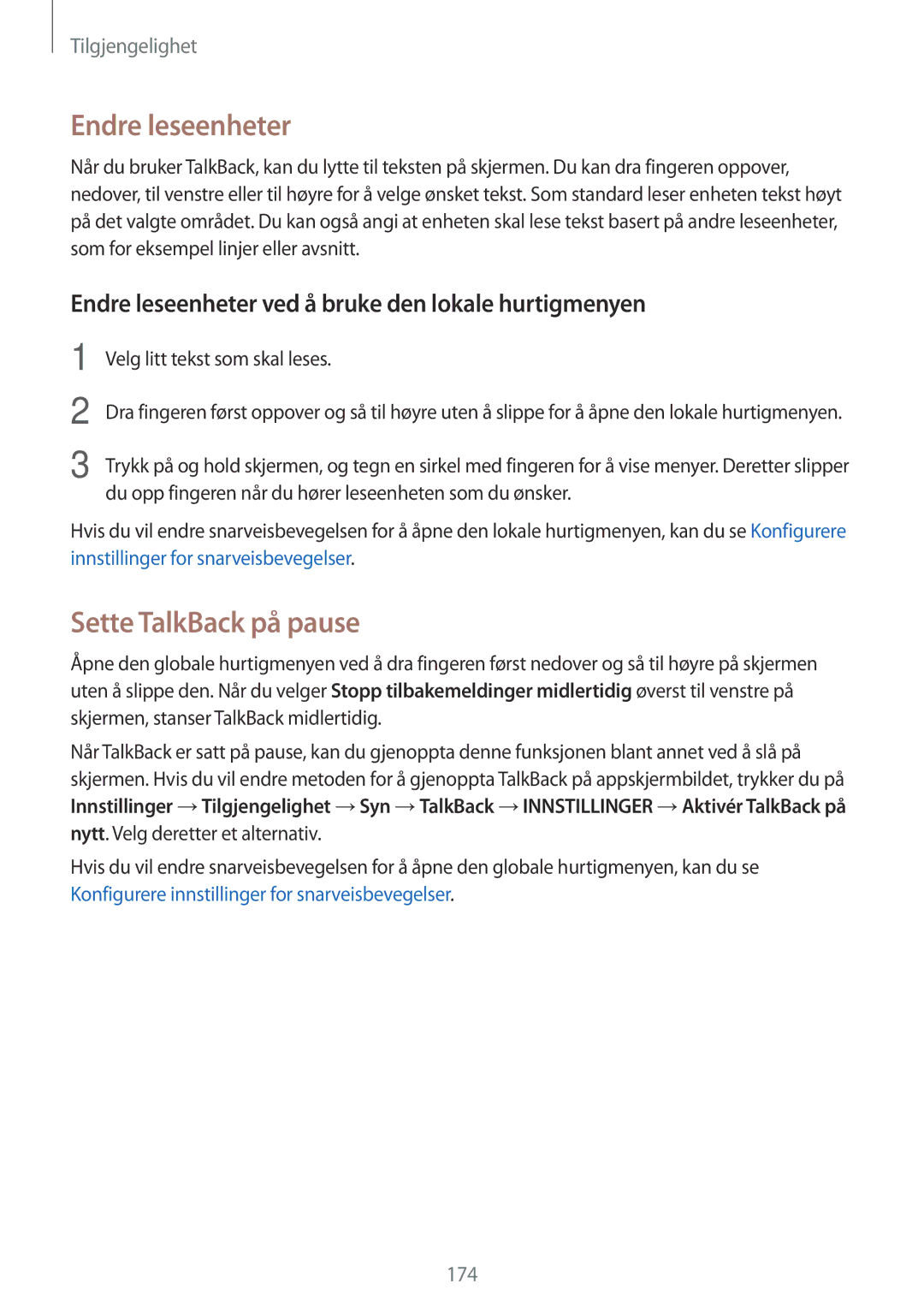 Samsung SM-G900FZKANEE, SM-G900FZKAVDS Sette TalkBack på pause, Endre leseenheter ved å bruke den lokale hurtigmenyen 