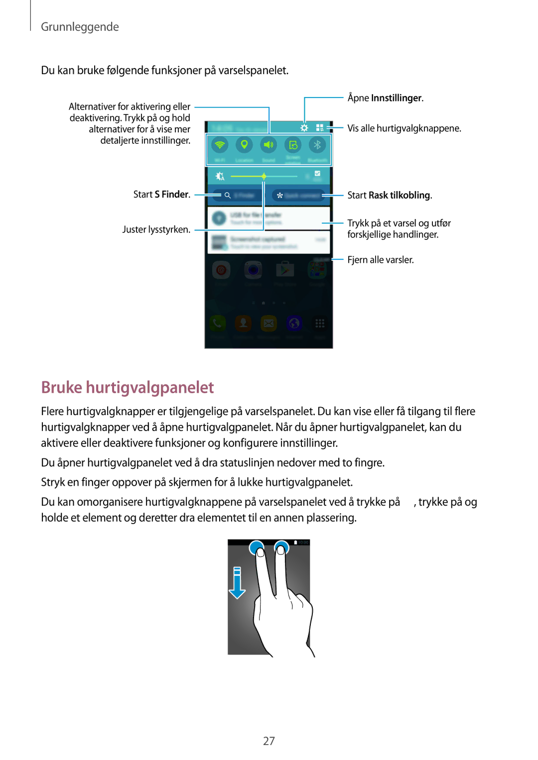 Samsung SM-G900FZWENEE, SM-G900FZKAVDS manual Bruke hurtigvalgpanelet, Du kan bruke følgende funksjoner på varselspanelet 