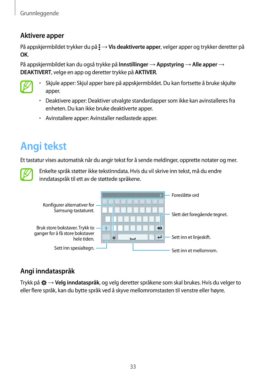 Samsung SM-G900FZKATEN, SM-G900FZKAVDS, SM-G900FZDANEE, SM-G900FZWANEE manual Angi tekst, Aktivere apper, Angi inndataspråk 