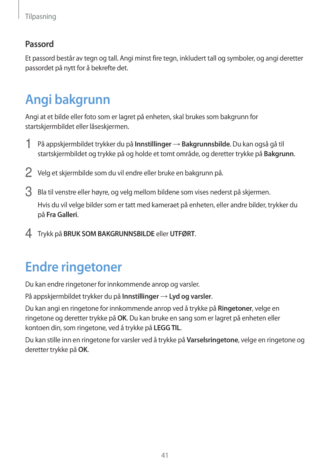 Samsung SM-G900FZWATEN manual Angi bakgrunn, Endre ringetoner, Passord, Trykk på Bruk SOM Bakgrunnsbilde eller Utført 