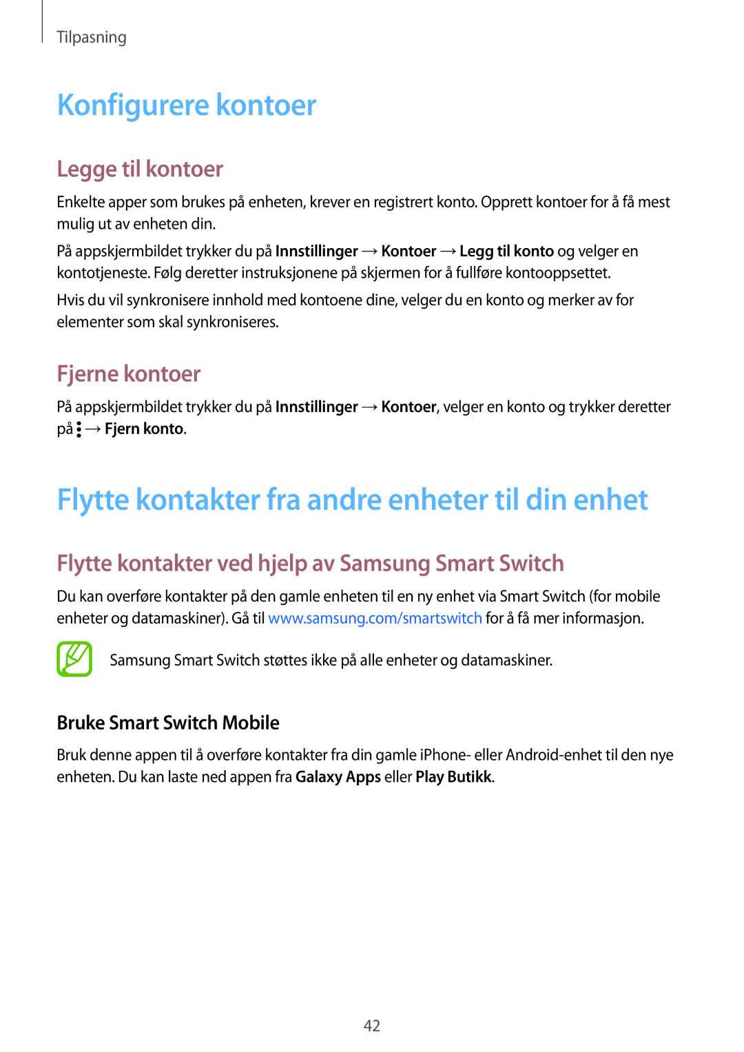 Samsung SM-G900FZWAVDS, SM-G900FZKAVDS Konfigurere kontoer, Legge til kontoer, Fjerne kontoer, Bruke Smart Switch Mobile 