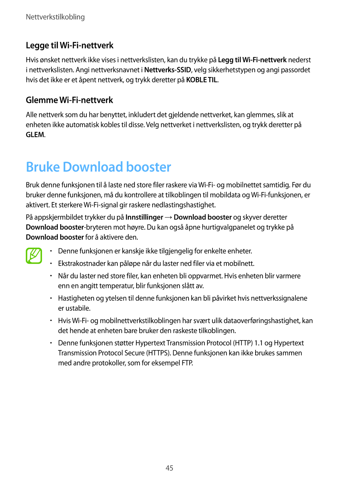 Samsung SM-G900FZBATEN, SM-G900FZKAVDS manual Bruke Download booster, Legge til Wi-Fi-nettverk, Glemme Wi-Fi-nettverk 