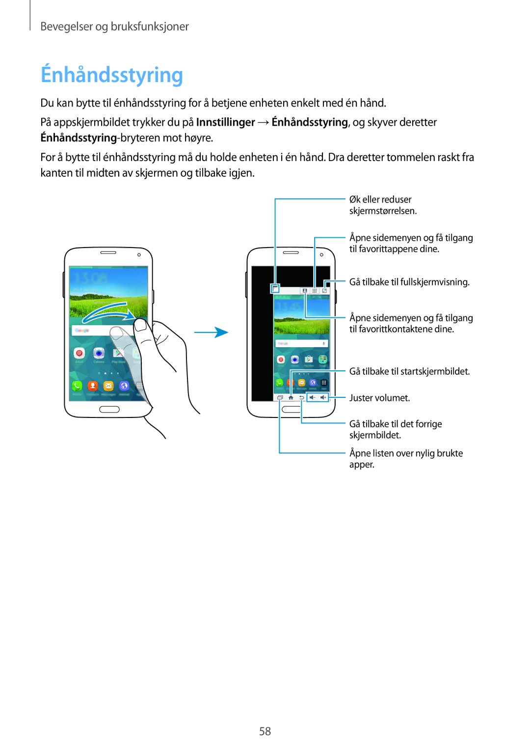 Samsung SM-G900FZWATEN, SM-G900FZKAVDS, SM-G900FZDANEE, SM-G900FZWANEE, SM-G900FZDAHTS, SM-G900FZKANEE manual Énhåndsstyring 