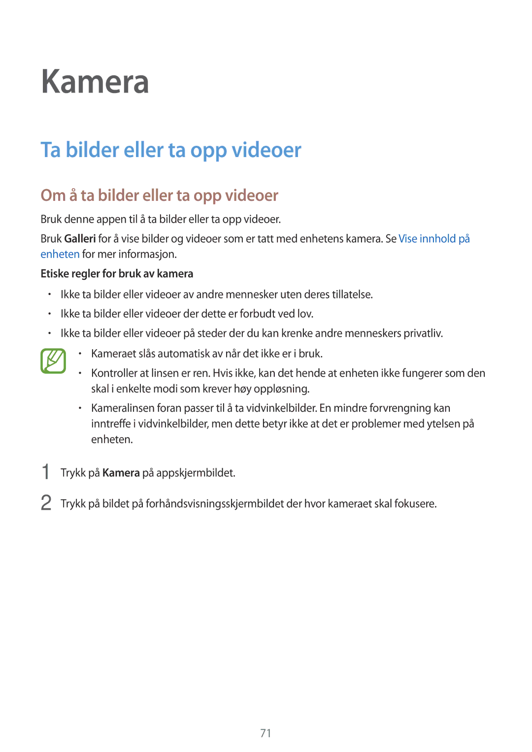 Samsung SM-G900FZDAHTS, SM-G900FZKAVDS manual Kamera, Ta bilder eller ta opp videoer, Om å ta bilder eller ta opp videoer 