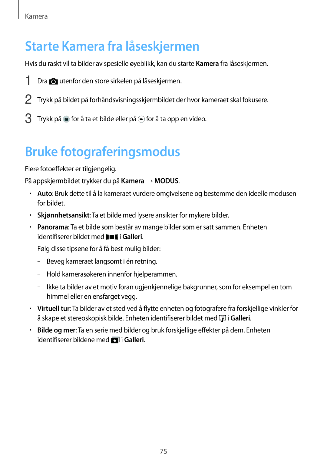 Samsung SM-G900FZWATEN, SM-G900FZKAVDS, SM-G900FZDANEE manual Starte Kamera fra låseskjermen, Bruke fotograferingsmodus 