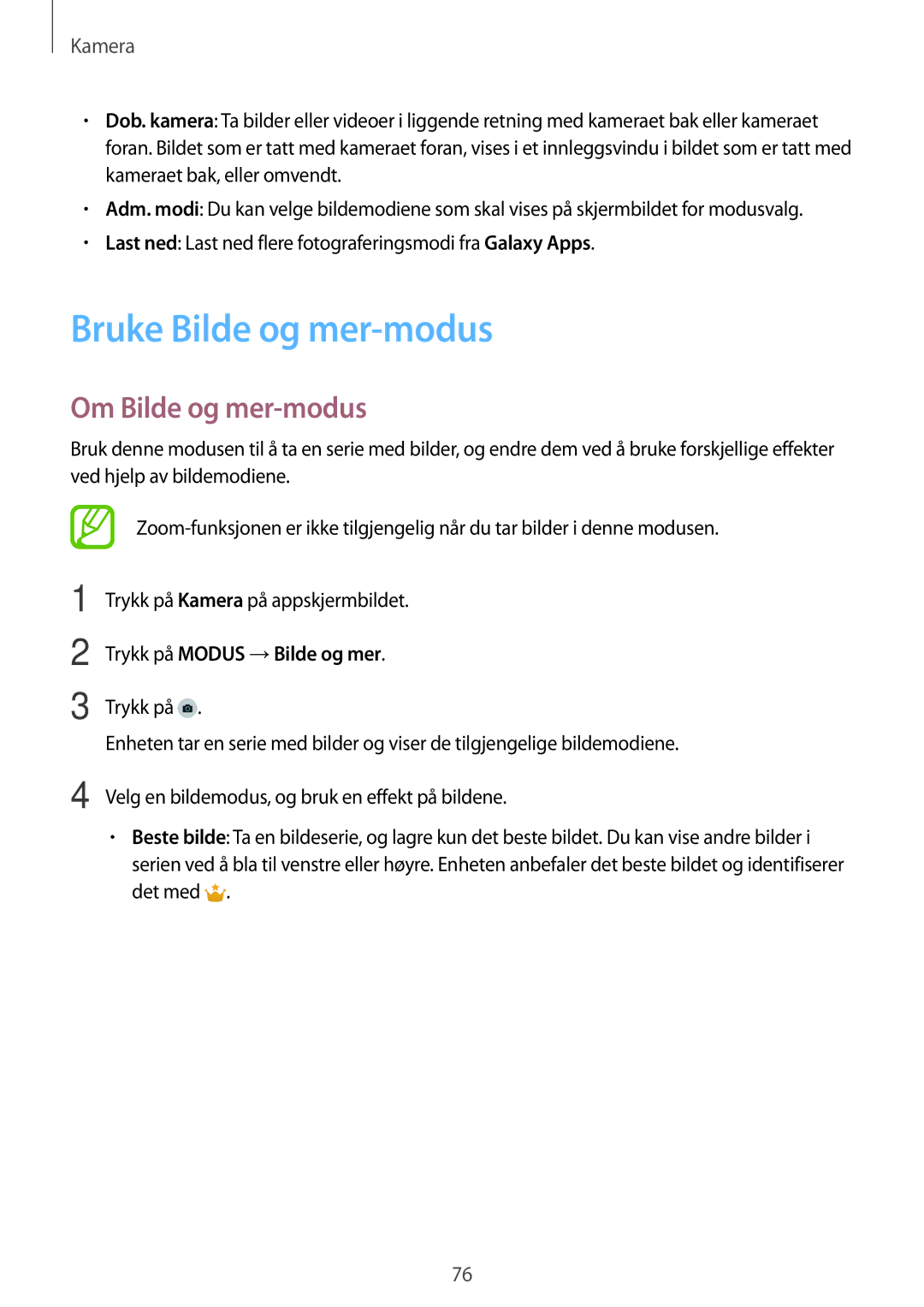 Samsung SM-G900FZWAVDS, SM-G900FZKAVDS manual Bruke Bilde og mer-modus, Om Bilde og mer-modus, Trykk på Modus →Bilde og mer 