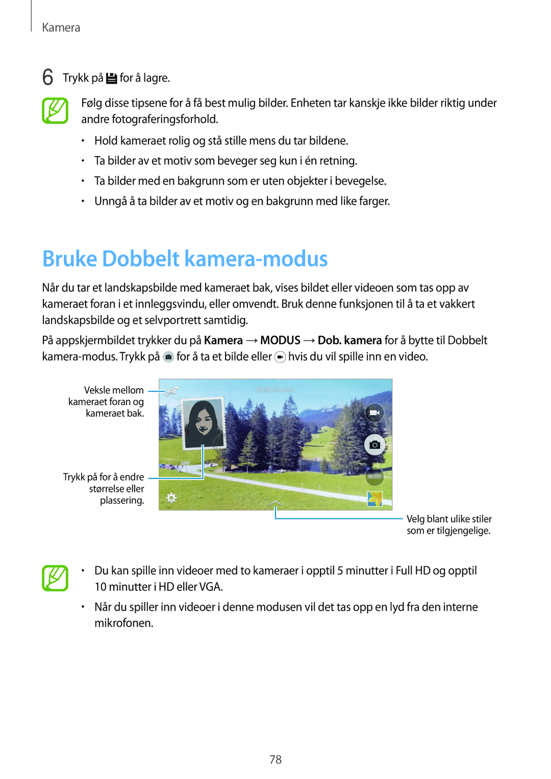 Samsung SM-G900FZWENEE, SM-G900FZKAVDS, SM-G900FZDANEE, SM-G900FZWANEE, SM-G900FZDAHTS manual Bruke Dobbelt kamera-modus 