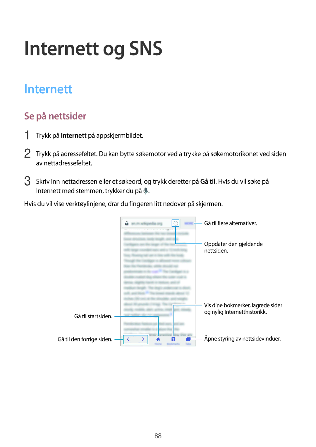 Samsung SM-G900FZDAHTS, SM-G900FZKAVDS, SM-G900FZDANEE, SM-G900FZWANEE, SM-G900FZKANEE manual Internett og SNS, Se på nettsider 