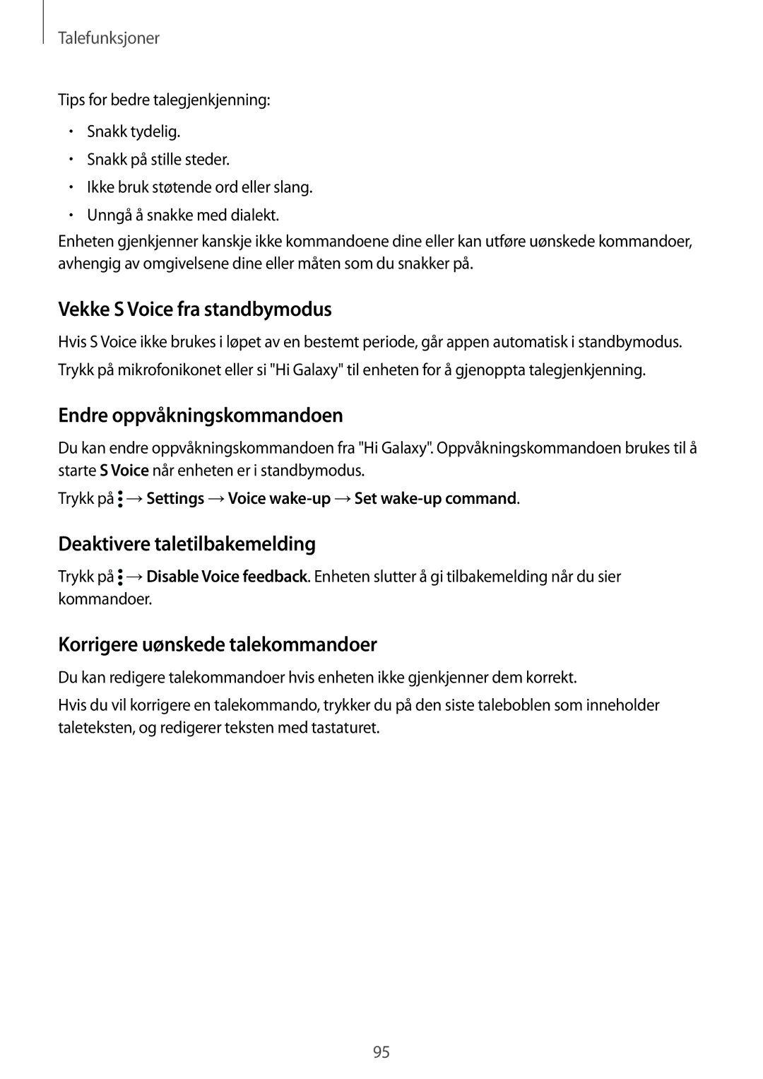 Samsung SM-G900FZWENEE manual Vekke S Voice fra standbymodus, Endre oppvåkningskommandoen, Deaktivere taletilbakemelding 