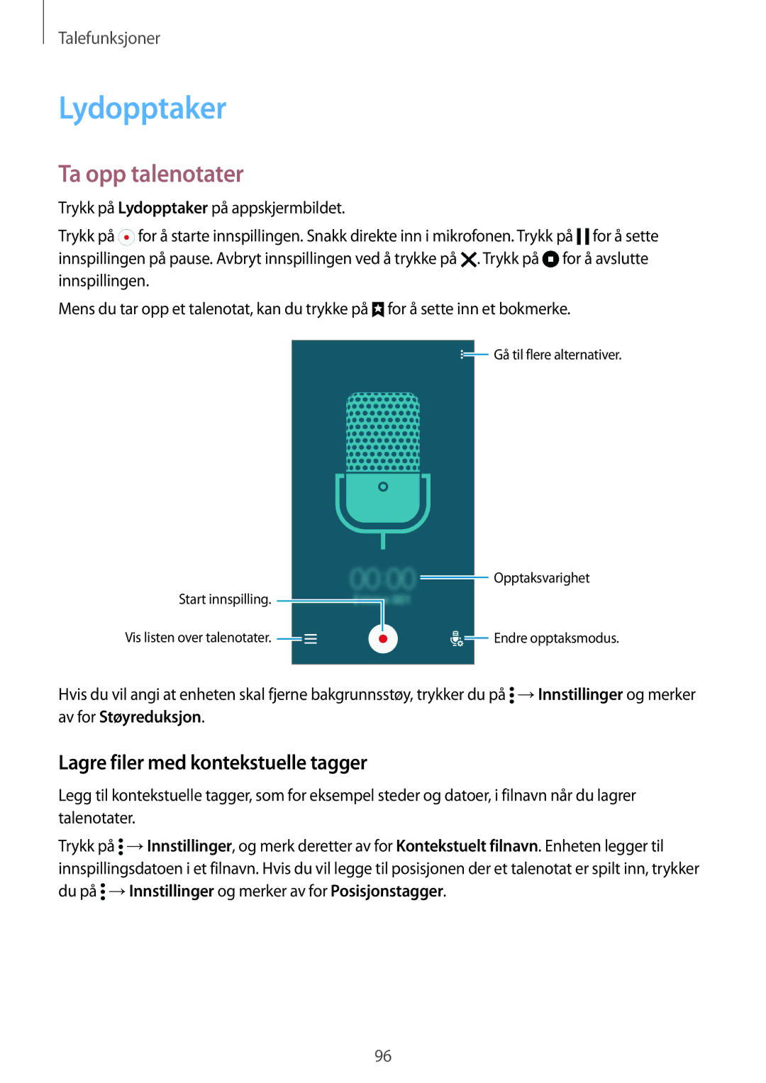 Samsung SM-G900FZBATEN, SM-G900FZKAVDS manual Lydopptaker, Ta opp talenotater, Lagre filer med kontekstuelle tagger 