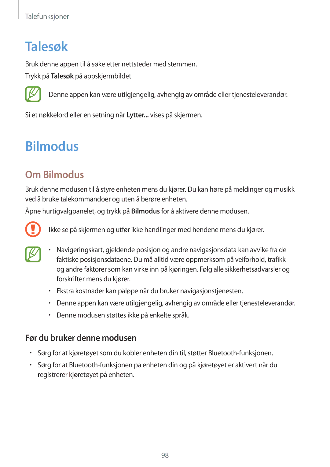 Samsung SM-G900FZBANEE, SM-G900FZKAVDS manual Talesøk, Om Bilmodus, Denne modusen støttes ikke på enkelte språk 