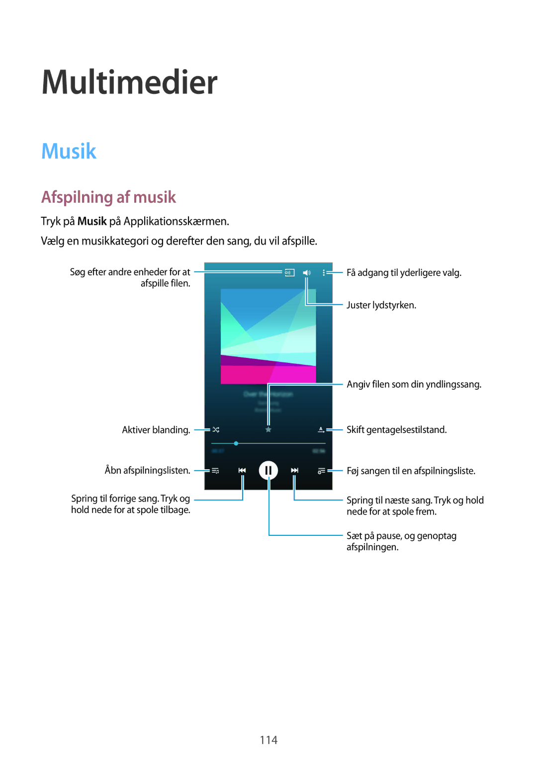 Samsung SM-G900FZBAVDS, SM-G900FZKAVDS, SM-G900FZDANEE, SM-G900FZWANEE manual Multimedier, Musik, Afspilning af musik 