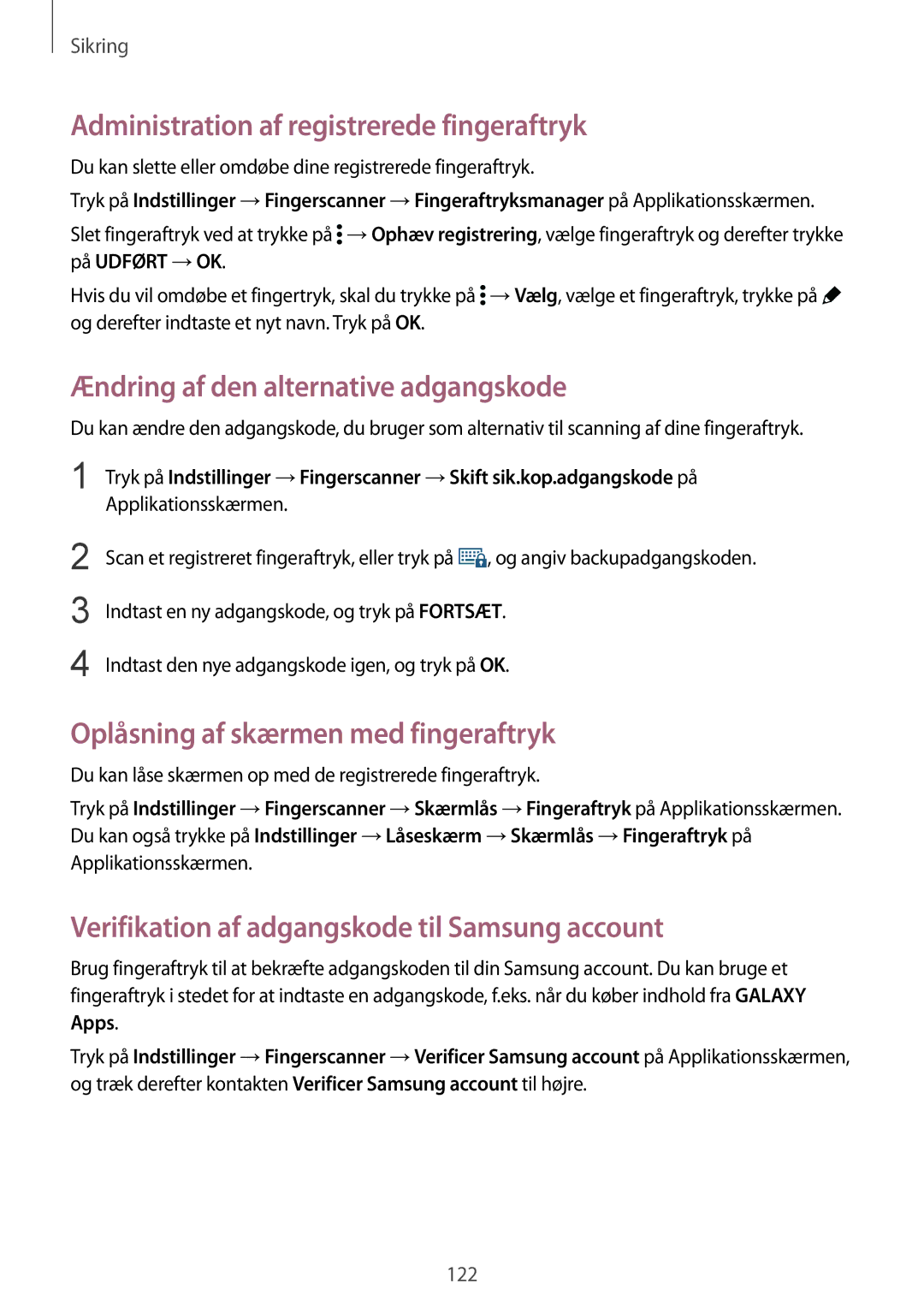 Samsung SM-G900FZDAHTS manual Administration af registrerede fingeraftryk, Ændring af den alternative adgangskode, Apps 