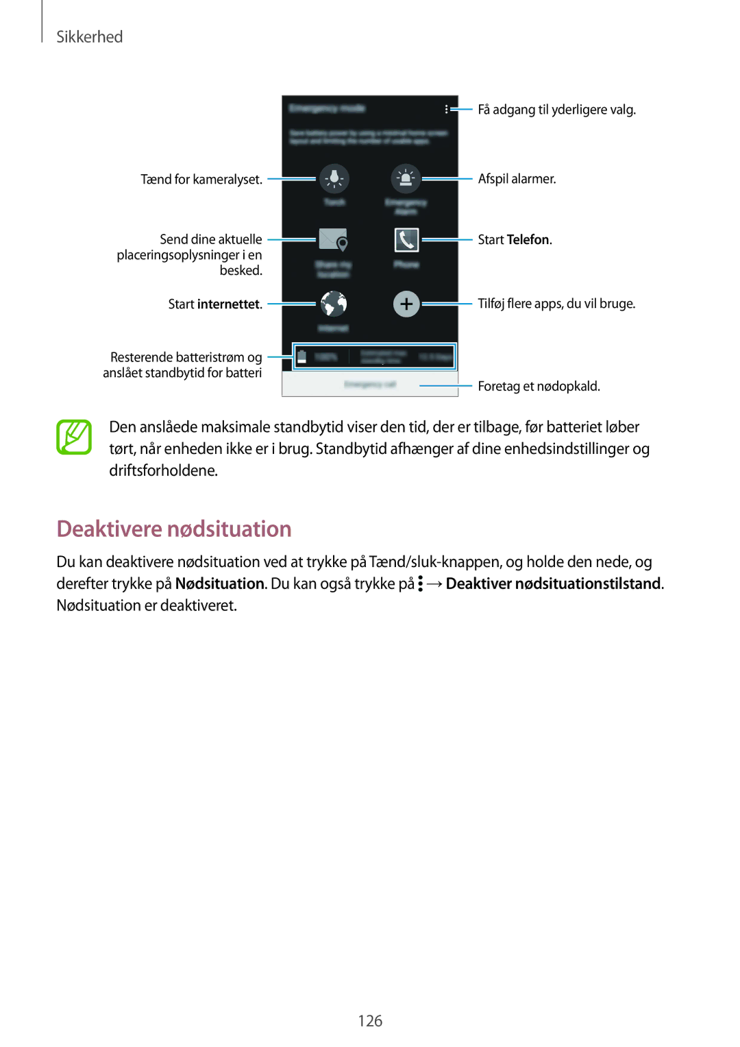 Samsung SM-G900FZWATEN, SM-G900FZKAVDS, SM-G900FZDANEE, SM-G900FZWANEE, SM-G900FZDAHTS Deaktivere nødsituation, Sikkerhed 