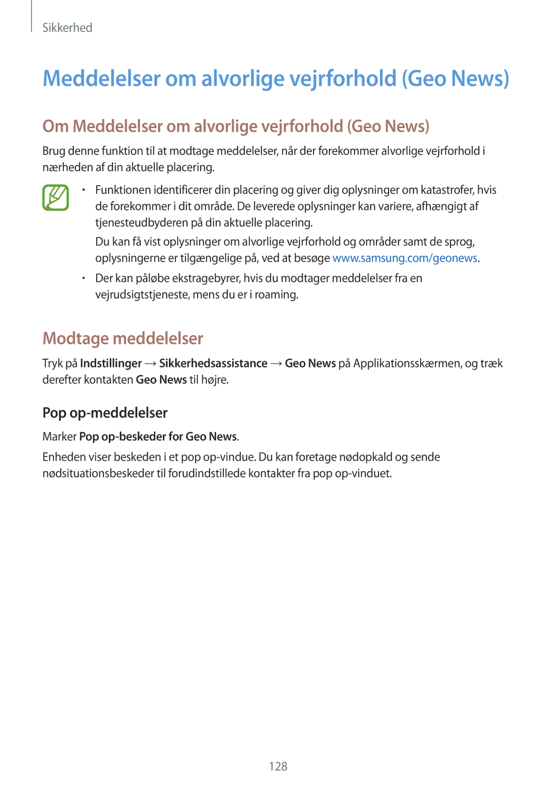 Samsung SM-G900FZWAHTS manual Om Meddelelser om alvorlige vejrforhold Geo News, Modtage meddelelser, Pop op-meddelelser 