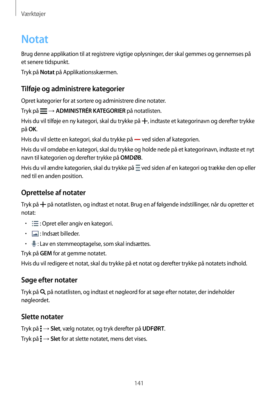 Samsung SM-G900FZNANEE manual Notat, Tilføje og administrere kategorier, Oprettelse af notater, Søge efter notater 