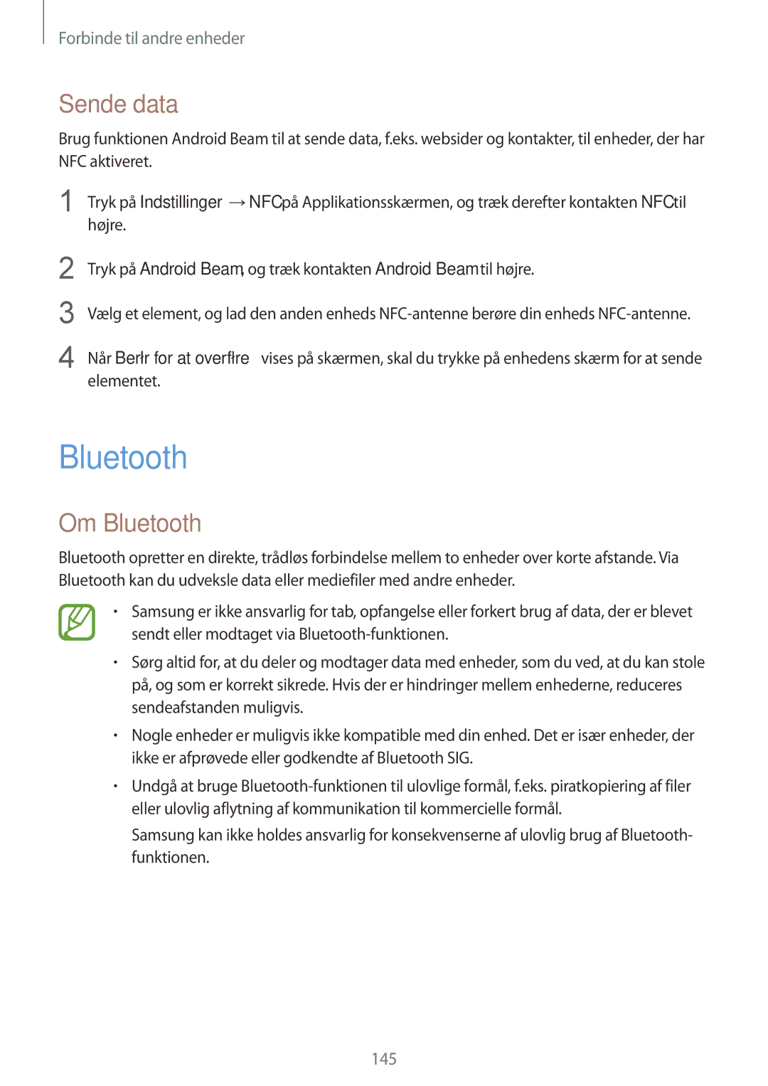 Samsung SM-G900FZWAHTS, SM-G900FZKAVDS, SM-G900FZDANEE, SM-G900FZWANEE manual Sende data, Om Bluetooth, Højre, Elementet 