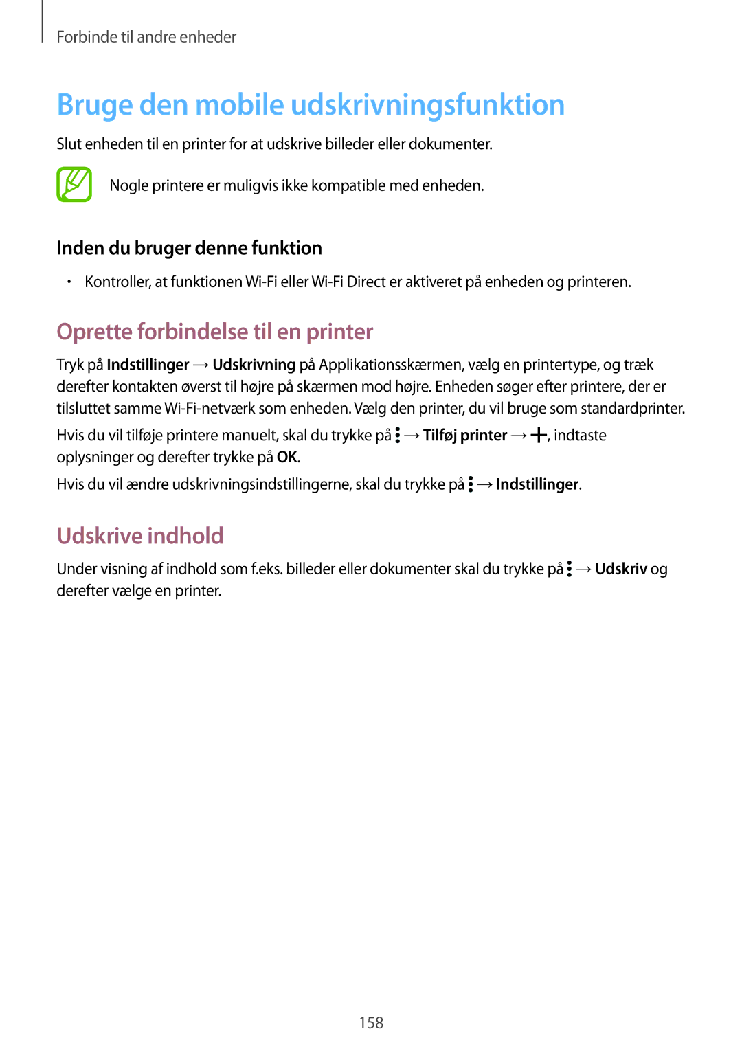 Samsung SM-G900FZNANEE manual Bruge den mobile udskrivningsfunktion, Oprette forbindelse til en printer, Udskrive indhold 