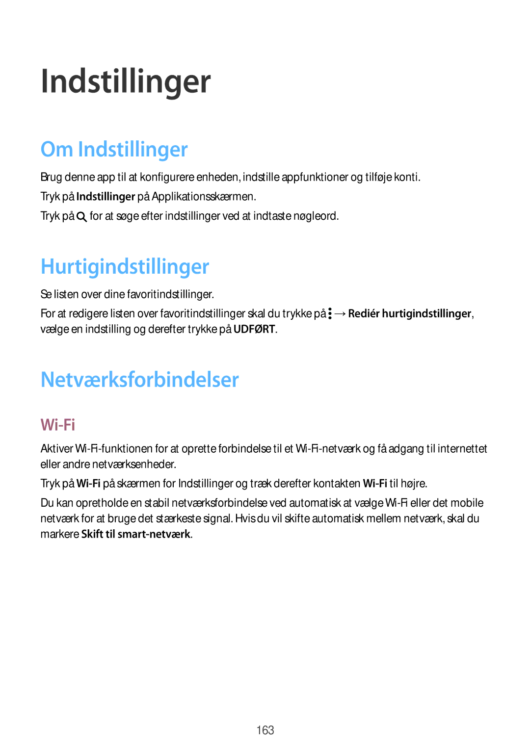 Samsung SM-G900FZWENEE, SM-G900FZKAVDS manual Om Indstillinger, Hurtigindstillinger, Netværksforbindelser, Wi-Fi 