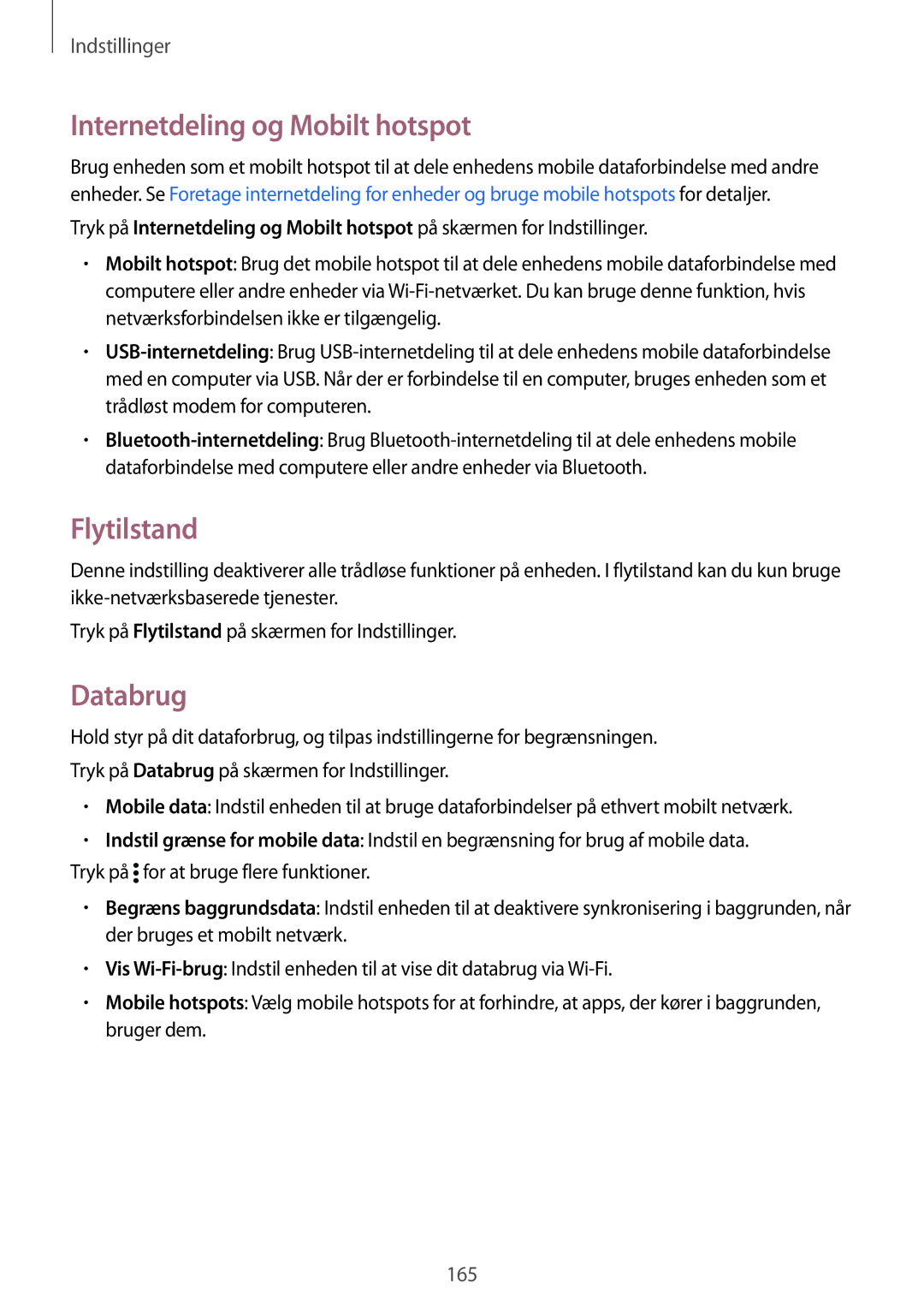 Samsung SM-G900FZBAVDS, SM-G900FZKAVDS, SM-G900FZDANEE manual Internetdeling og Mobilt hotspot, Flytilstand, Databrug 