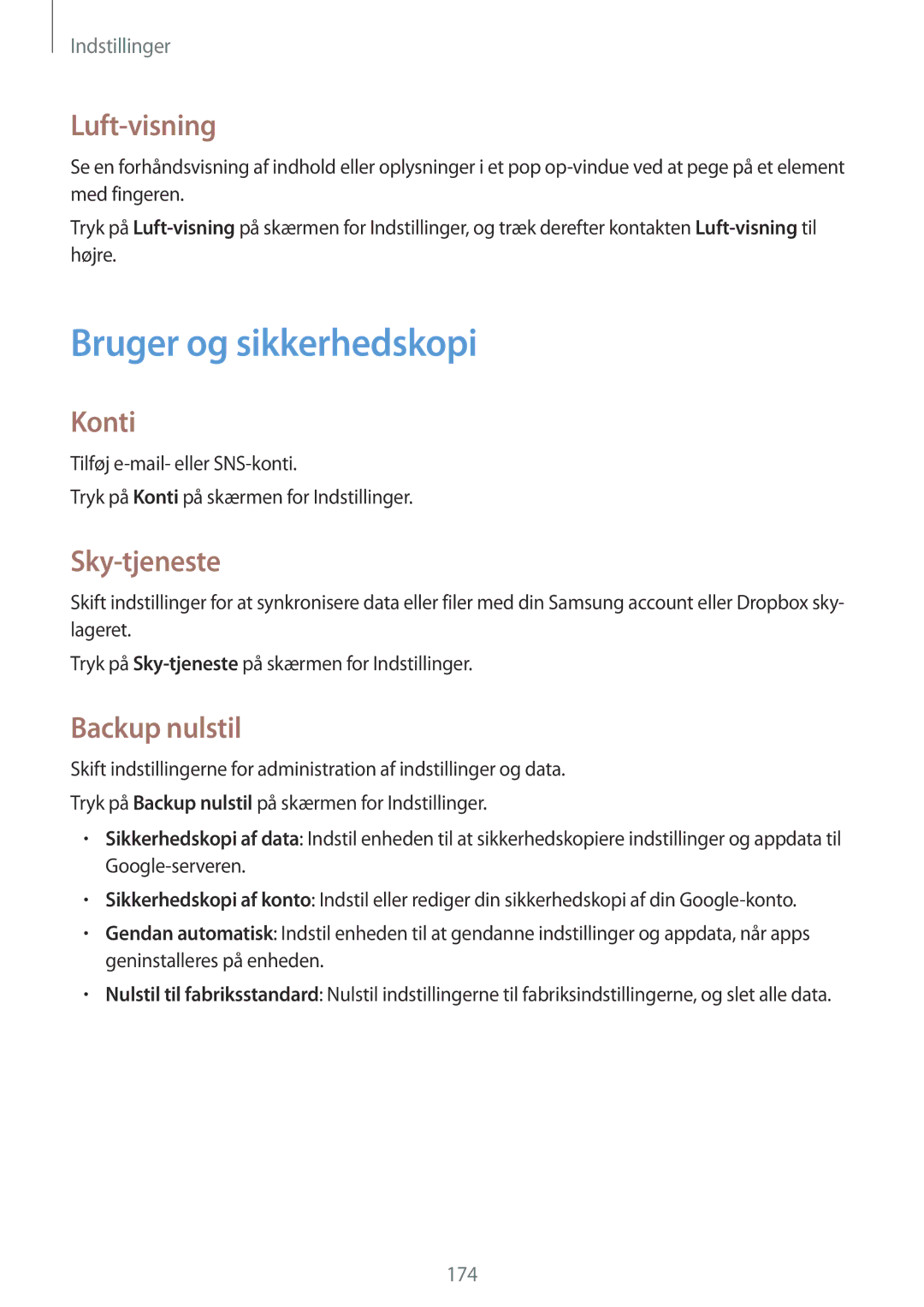 Samsung SM-G900FZKANEE, SM-G900FZKAVDS manual Bruger og sikkerhedskopi, Luft-visning, Konti, Sky-tjeneste, Backup nulstil 