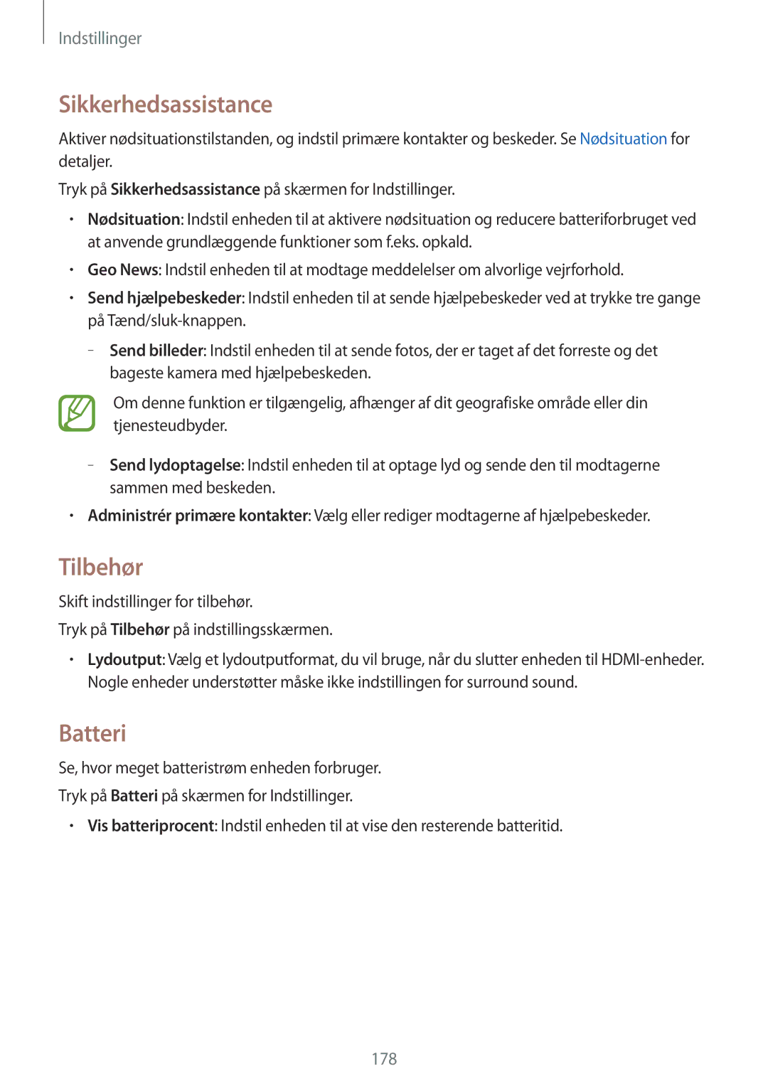 Samsung SM-G900FZWAVDS, SM-G900FZKAVDS, SM-G900FZDANEE, SM-G900FZWANEE manual Sikkerhedsassistance, Tilbehør, Batteri 