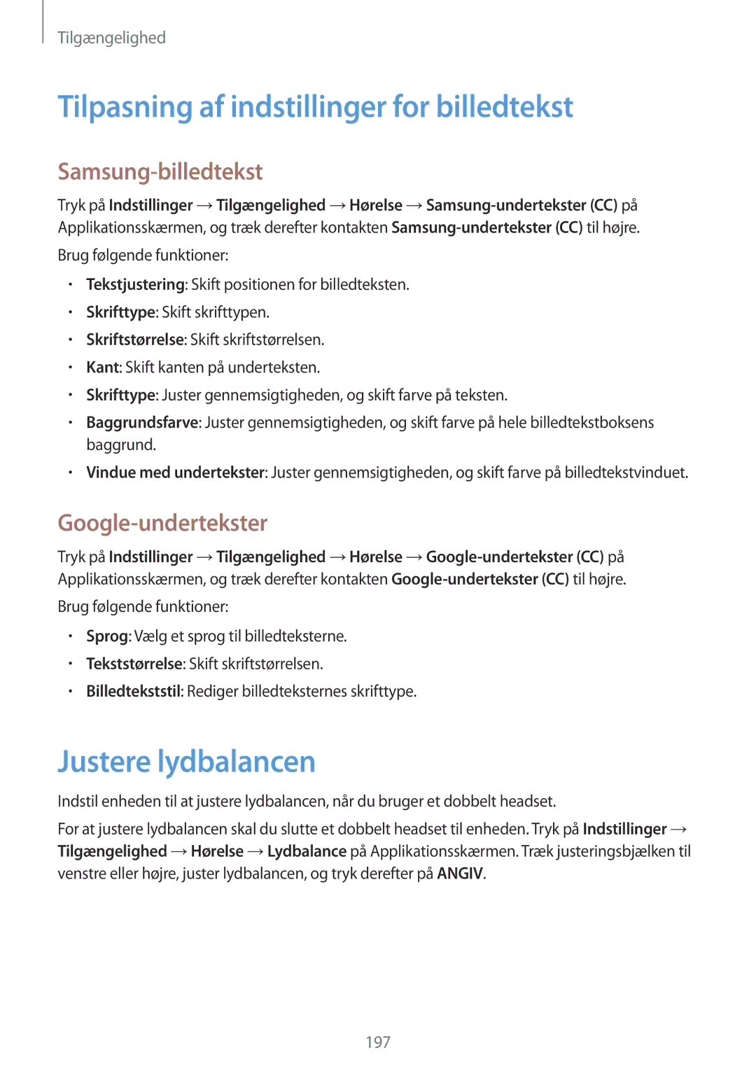 Samsung SM-G900FZWENEE manual Tilpasning af indstillinger for billedtekst, Justere lydbalancen, Samsung-billedtekst 