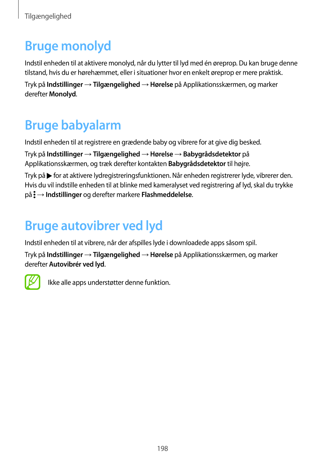 Samsung SM-G900FZBATEN, SM-G900FZKAVDS, SM-G900FZDANEE manual Bruge monolyd, Bruge babyalarm, Bruge autovibrer ved lyd 