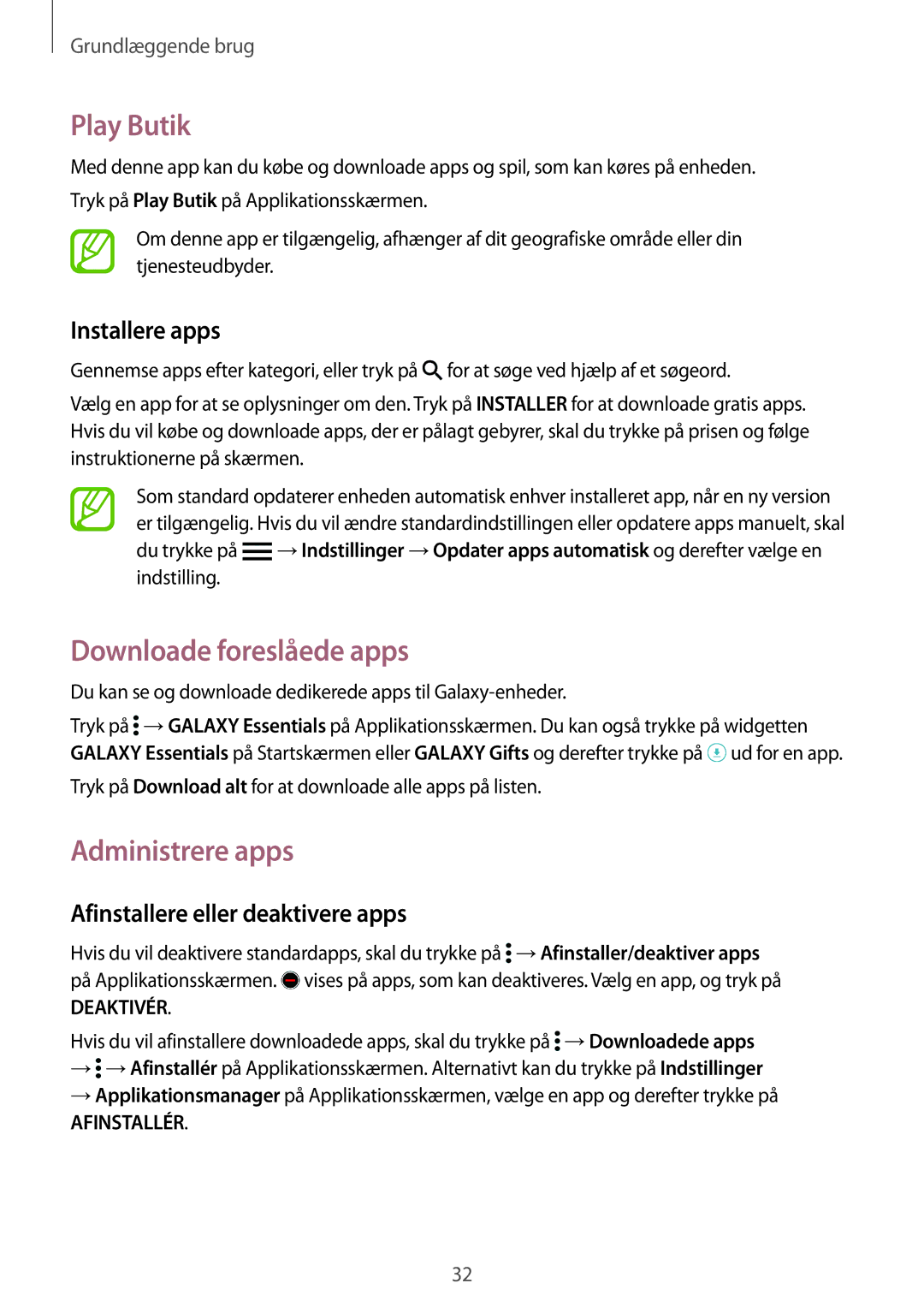 Samsung SM-G900FZDATEN manual Play Butik, Downloade foreslåede apps, Administrere apps, Afinstallere eller deaktivere apps 