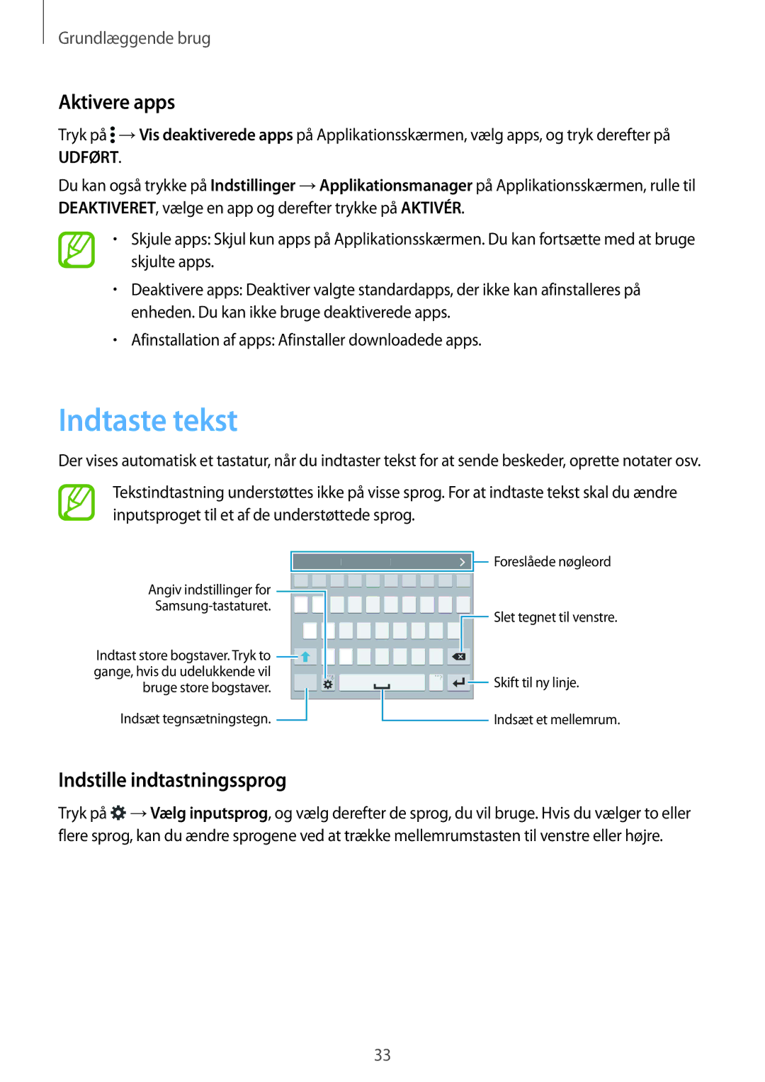 Samsung SM-G900FZKATEN, SM-G900FZKAVDS, SM-G900FZDANEE manual Indtaste tekst, Aktivere apps, Indstille indtastningssprog 