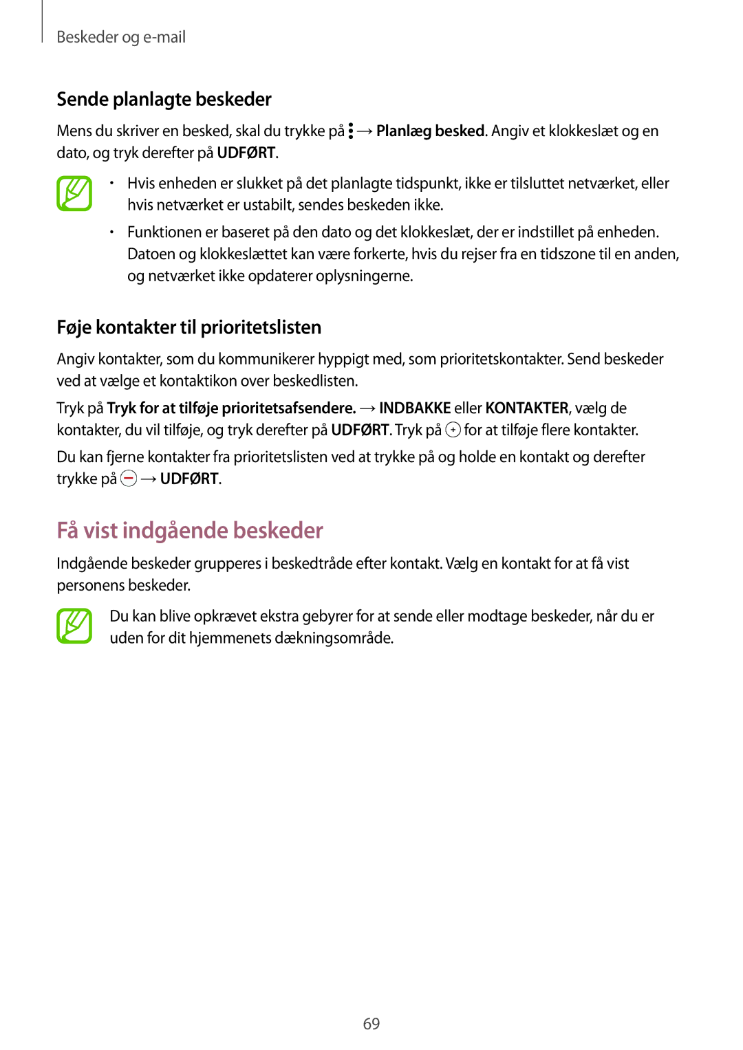 Samsung SM-G900FZDANEE manual Få vist indgående beskeder, Sende planlagte beskeder, Føje kontakter til prioritetslisten 