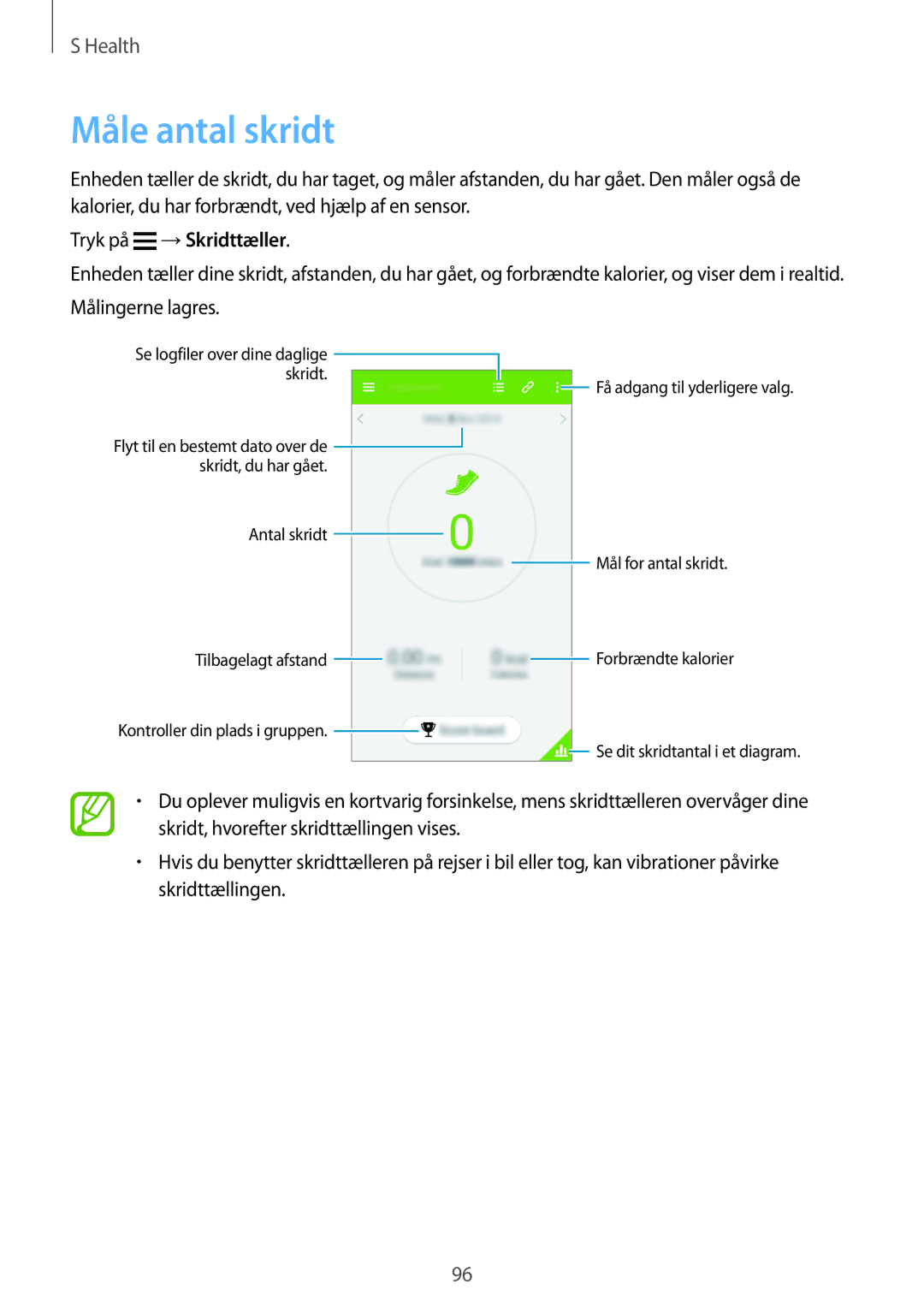 Samsung SM-G900FZBATEN, SM-G900FZKAVDS, SM-G900FZDANEE manual Måle antal skridt, Tryk på →Skridttæller, Målingerne lagres 