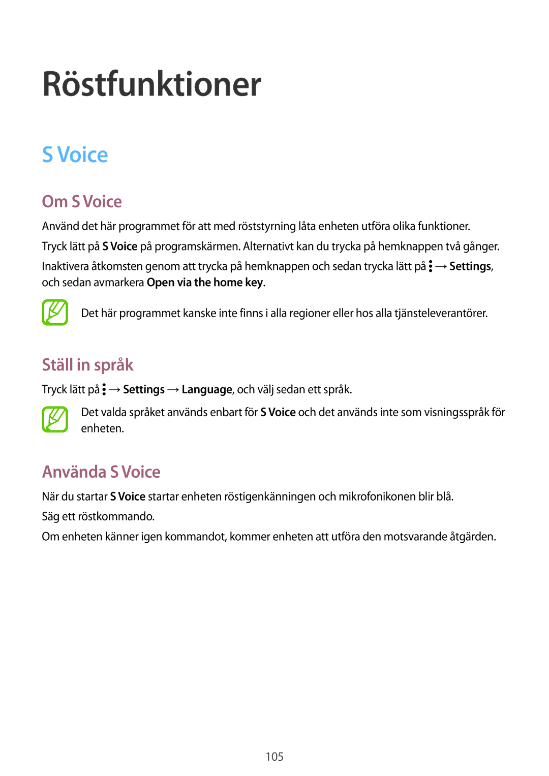 Samsung SM-G900FZDAHTS, SM-G900FZKAVDS, SM-G900FZDANEE manual Röstfunktioner, Om S Voice, Ställ in språk, Använda S Voice 