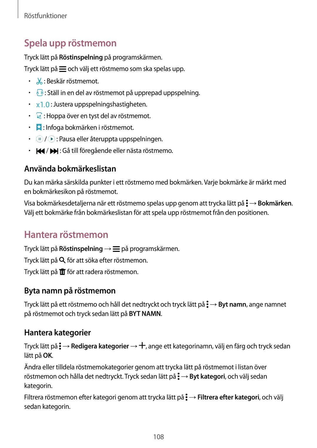 Samsung SM-G900FZNENEE manual Spela upp röstmemon, Hantera röstmemon, Använda bokmärkeslistan, Byta namn på röstmemon 