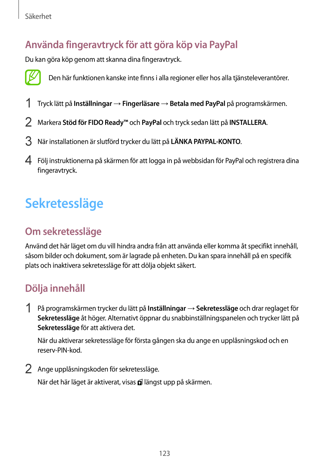 Samsung SM-G900FZKANEE Sekretessläge, Använda fingeravtryck för att göra köp via PayPal, Om sekretessläge, Dölja innehåll 