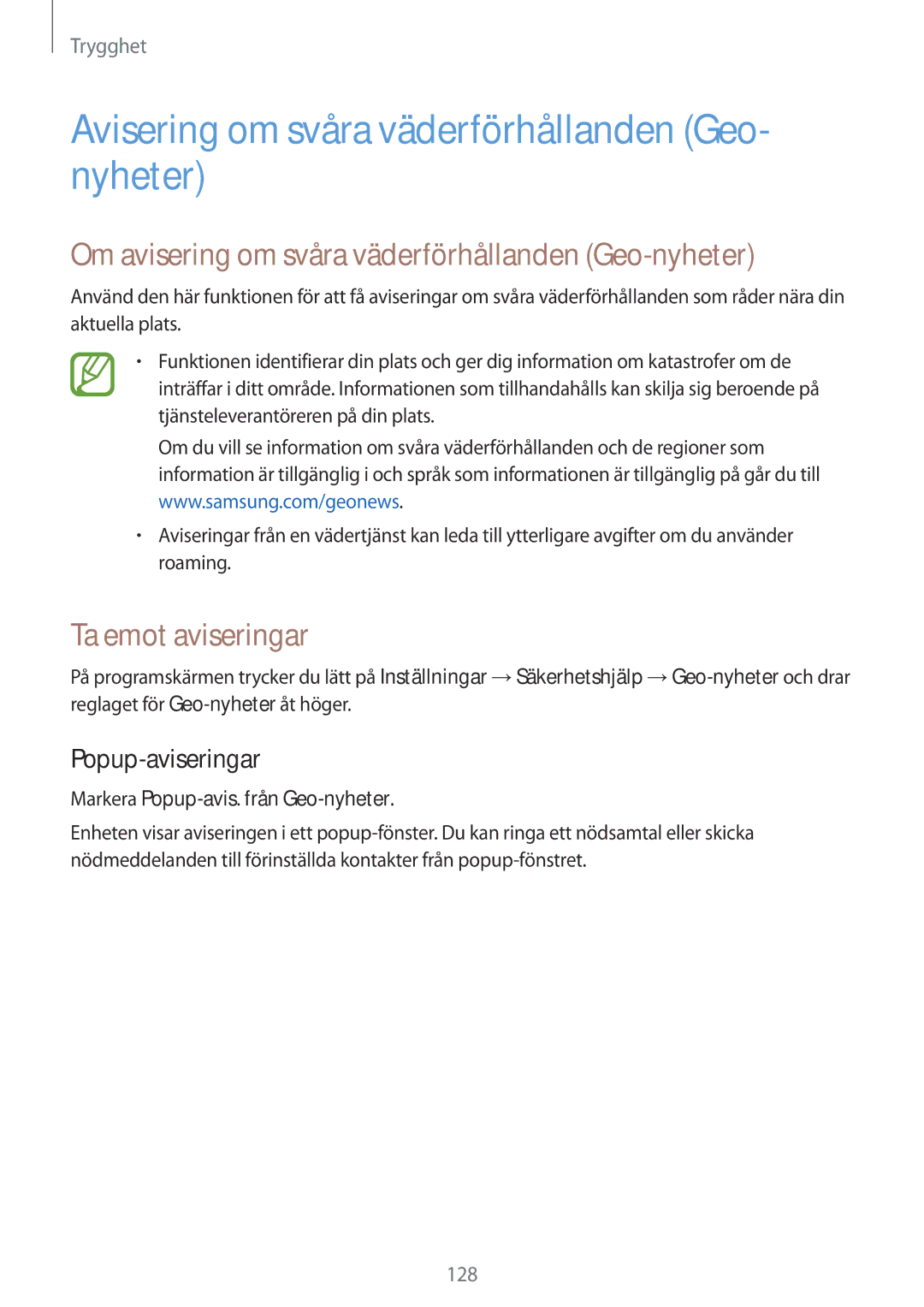 Samsung SM-G900FZWAHTS manual Avisering om svåra väderförhållanden Geo- nyheter, Ta emot aviseringar, Popup-aviseringar 