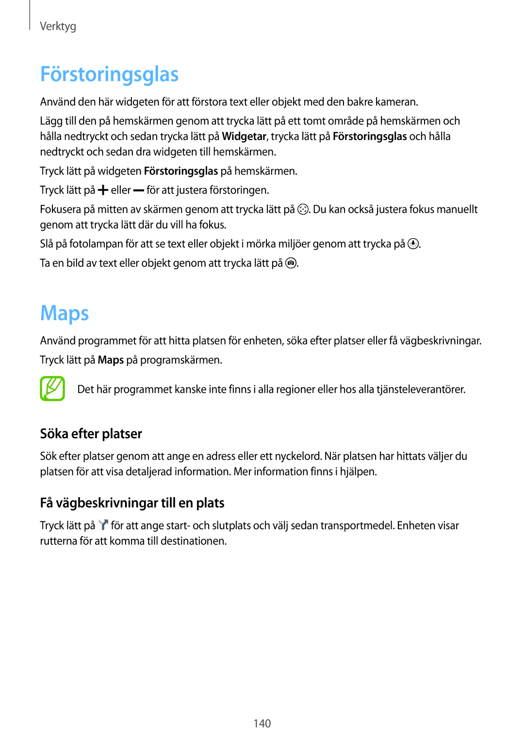 Samsung SM-G900FZKANEE, SM-G900FZKAVDS manual Förstoringsglas, Maps, Söka efter platser, Få vägbeskrivningar till en plats 