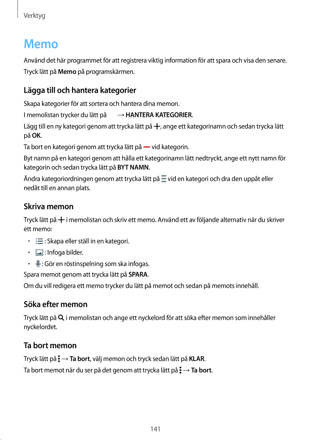 Samsung SM-G900FZNANEE manual Memo, Lägga till och hantera kategorier, Skriva memon, Söka efter memon, Ta bort memon 