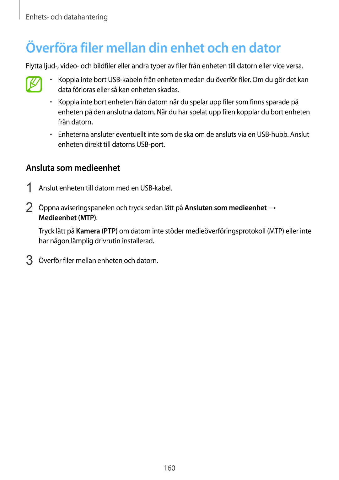 Samsung SM-G900FZWATEN manual Överföra filer mellan din enhet och en dator, Ansluta som medieenhet, Medieenhet MTP 