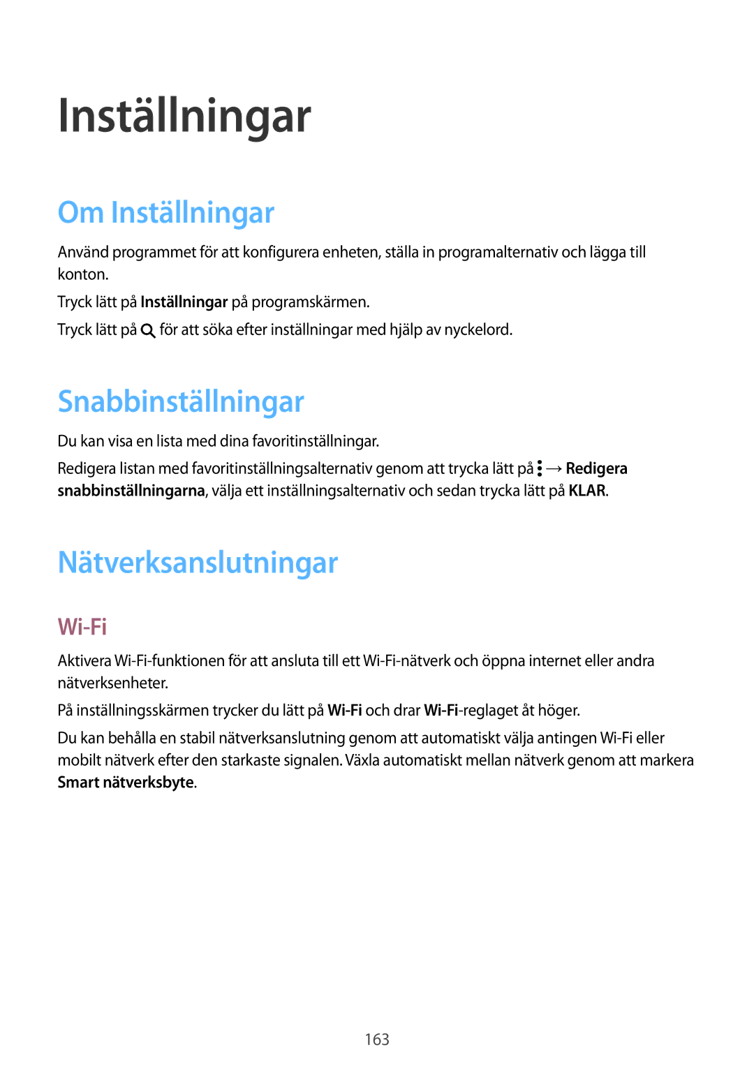 Samsung SM-G900FZWENEE, SM-G900FZKAVDS manual Om Inställningar, Snabbinställningar, Nätverksanslutningar, Wi-Fi 