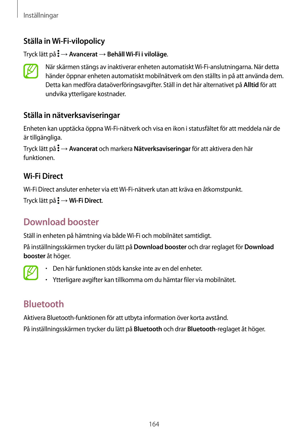 Samsung SM-G900FZBATEN manual Download booster, Bluetooth, Ställa in Wi-Fi-vilopolicy, Ställa in nätverksaviseringar 