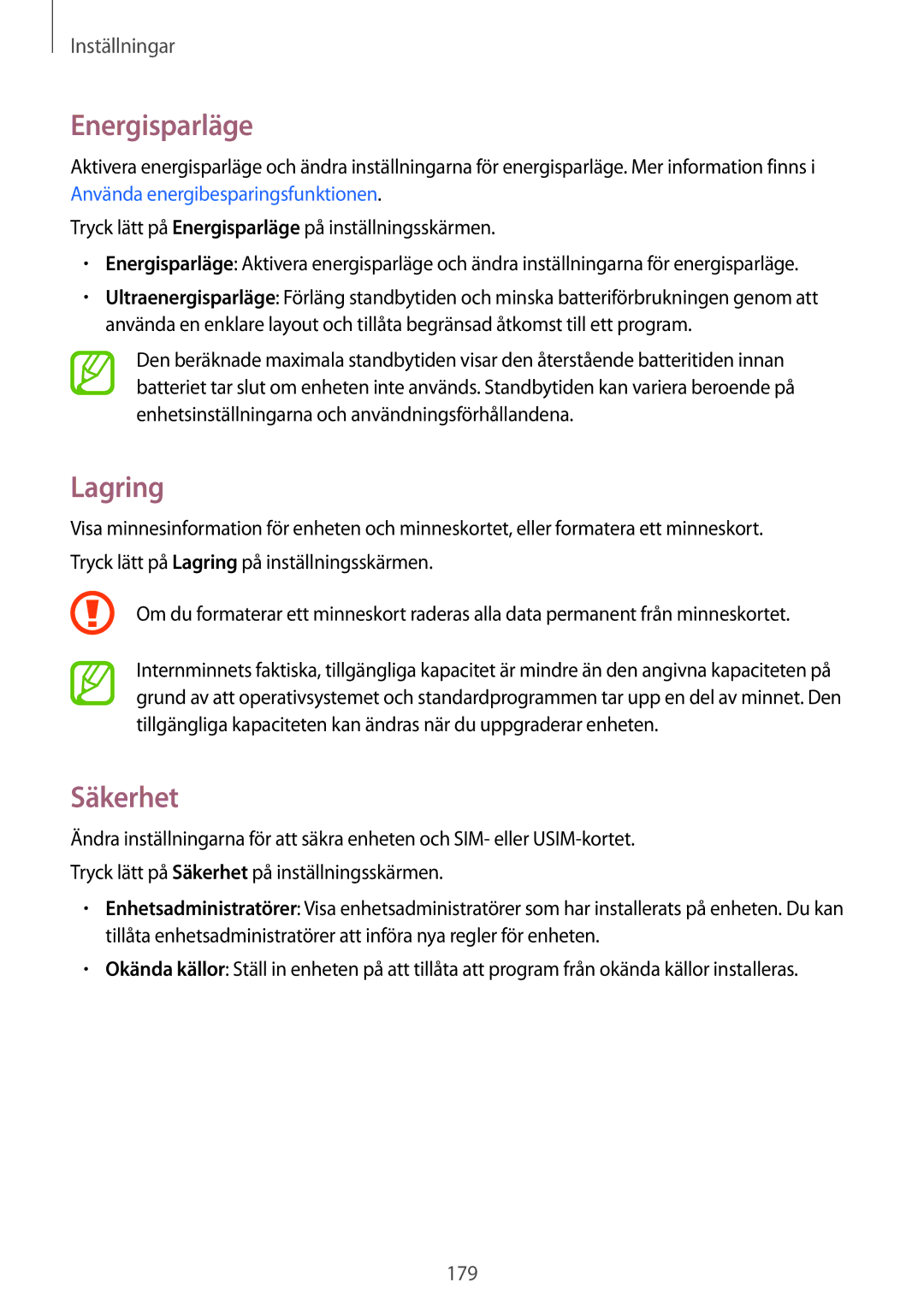 Samsung SM-G900FZWAHTS, SM-G900FZKAVDS, SM-G900FZDANEE, SM-G900FZWANEE, SM-G900FZDAHTS, SM-G900FZKANEE manual Lagring, Säkerhet 