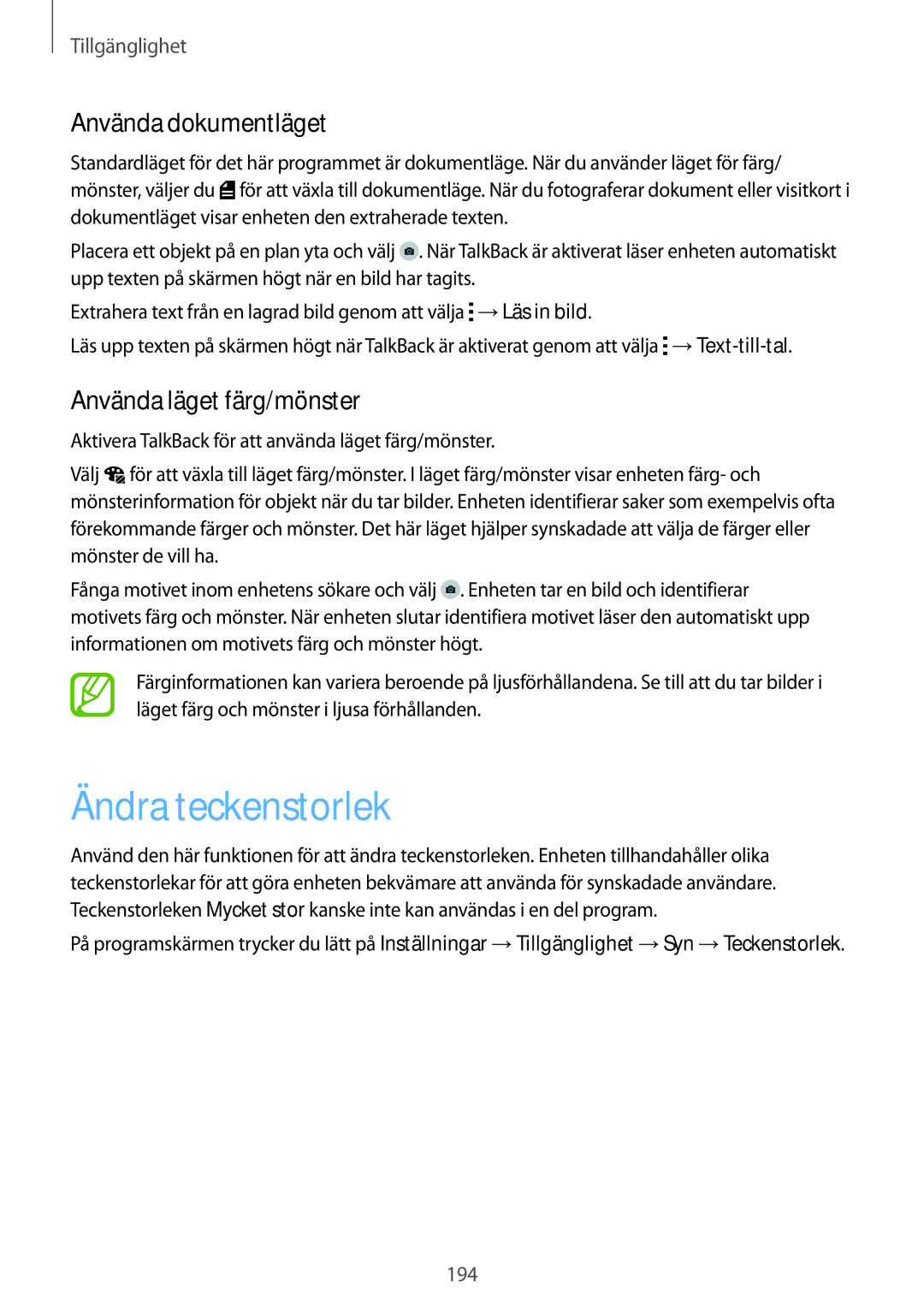 Samsung SM-G900FZWATEN, SM-G900FZKAVDS manual Ändra teckenstorlek, Använda dokumentläget, Använda läget färg/mönster 